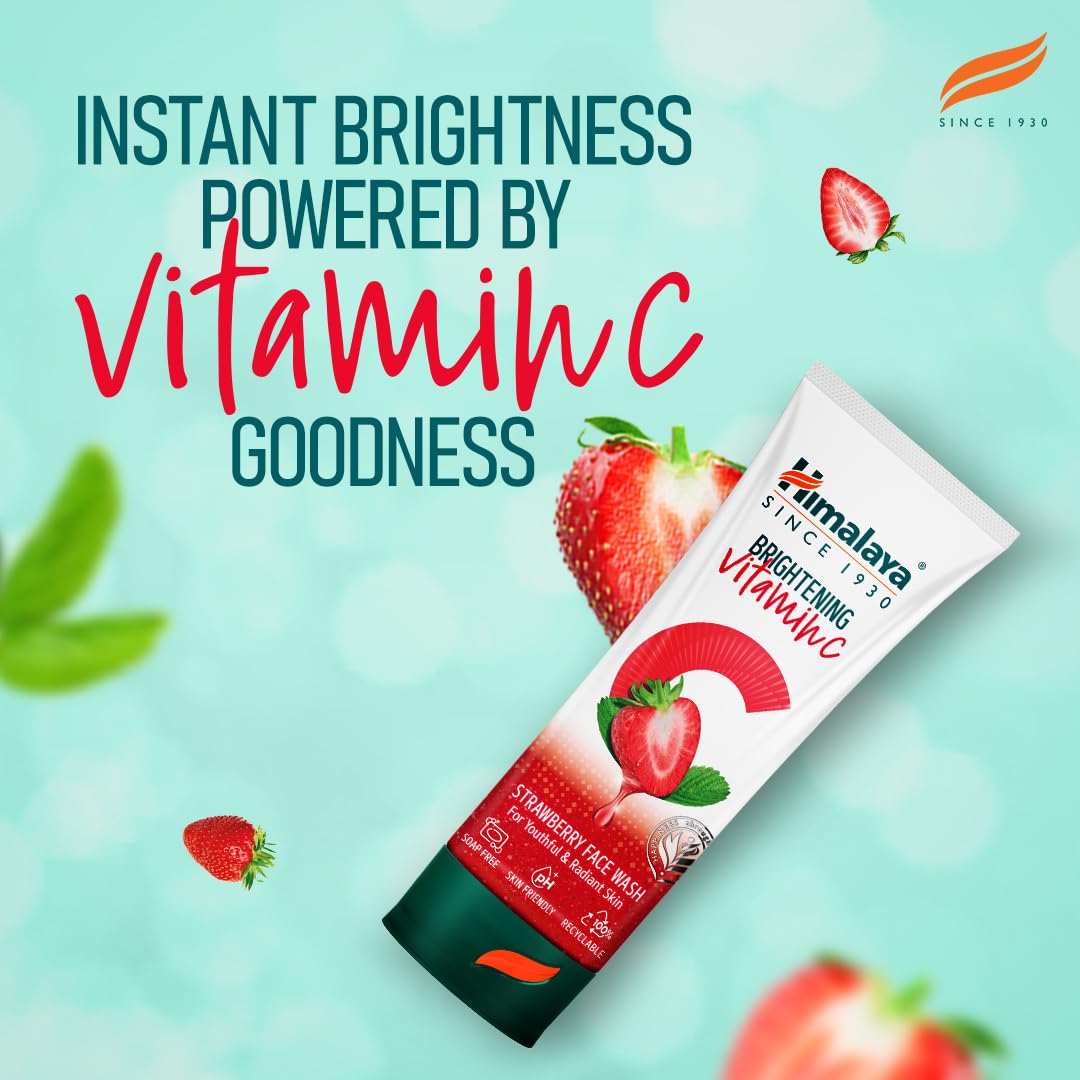 Himalaya Brightening Vitamin C Strawberry Face Wash - Brightening Cleanser for Glowing Skin | Remove Dullness & Dark Spots | 50ml Travel Size | Perfect for Morning Routine & Pre-Makeup Cleansing