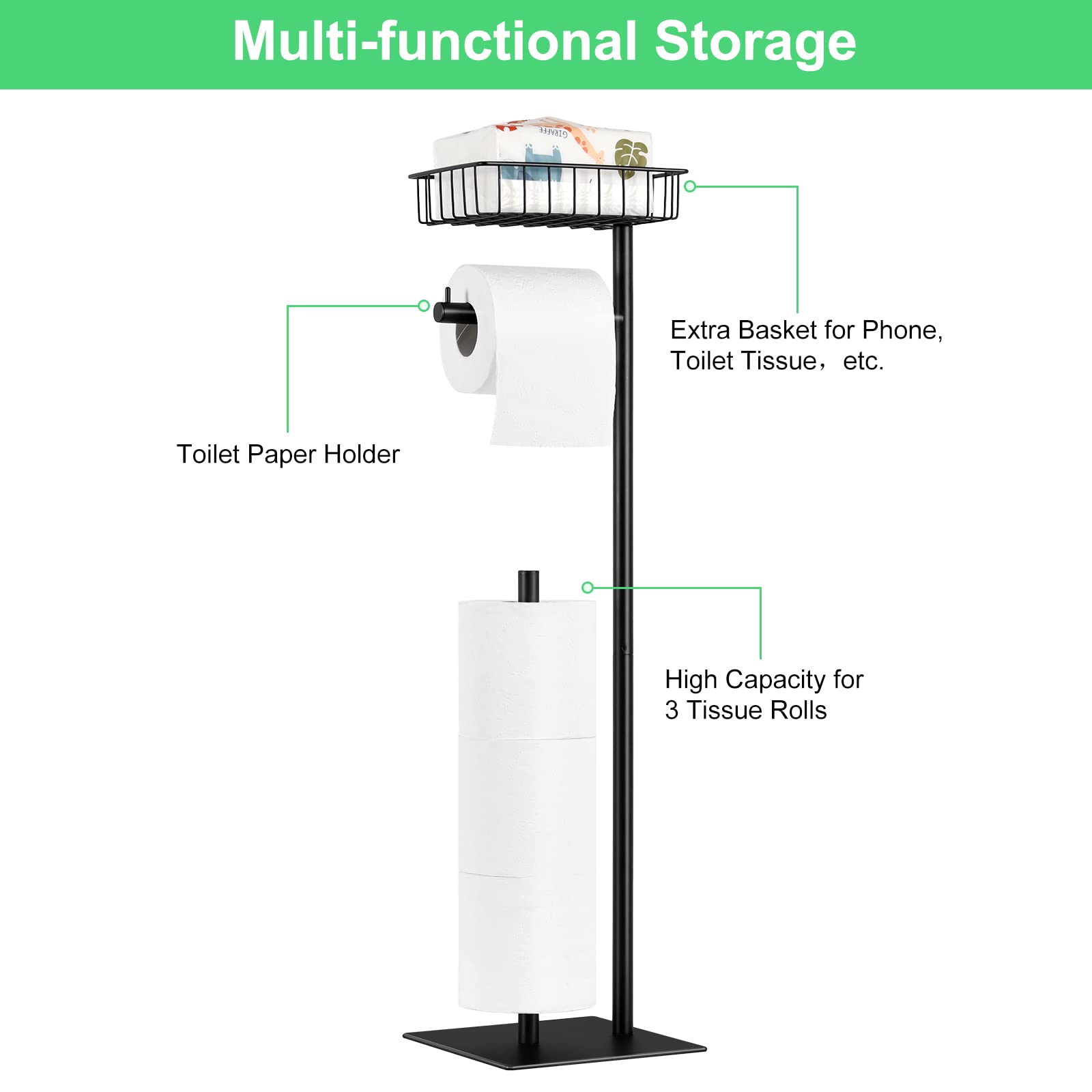 Free Standing Toilet Paper Holder Stand with Storage Basket - Industrial Style Bathroom Tissue Dispenser in Matte Black - Perfect for Home, Office, and RV Use