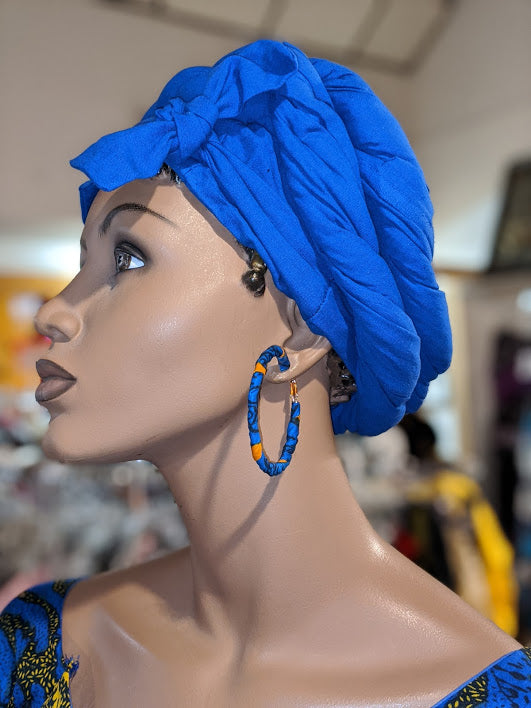 African Print Hoop Earrings for Women - Blue & Orange Tribal Pattern Dangle Earrings DPJ3978X | Boho Chic Jewelry for Parties, Weddings & Everyday Wear
