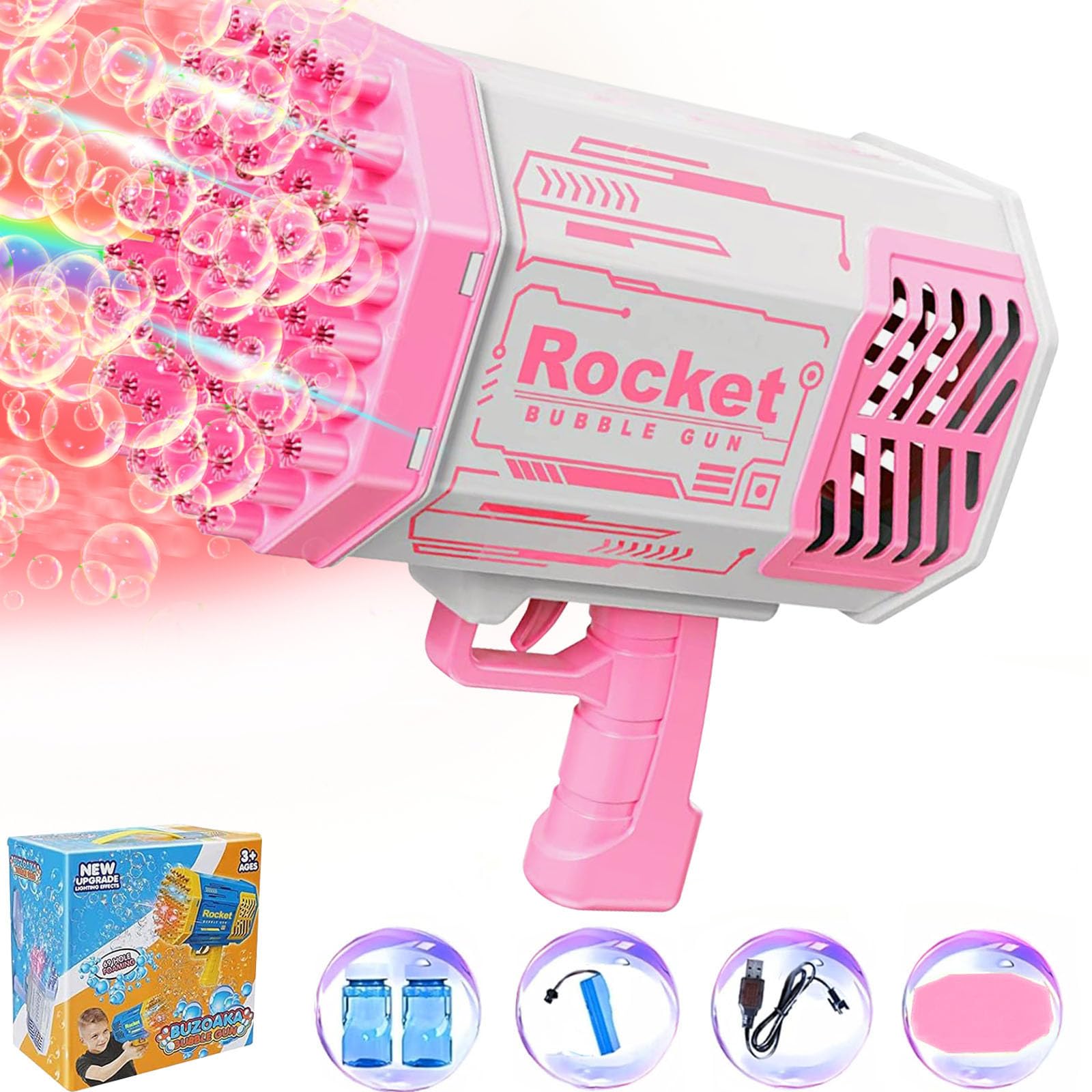 **69-Hole Rocket Bubble Gun with Colorful LED Lights - Bubble Blaster Machine for Kids, Outdoor & Indoor Play, Birthday & Christmas Party Favors, Gifts (Pink) - Perfect for Backyard Fun, Festivals, and Family Gatherings**