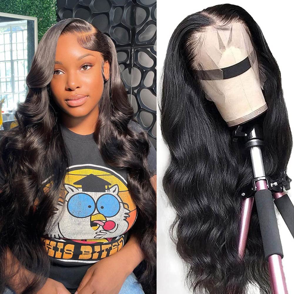 13x4 HD Transparent Lace Front Wig with Baby Hair - 180% Density Brazilian Virgin Human Hair Body Wave Lace Front Wig for Women (24 Inch, Natural Black) | Perfect for Daily Wear, Cosplay & Special Occasions