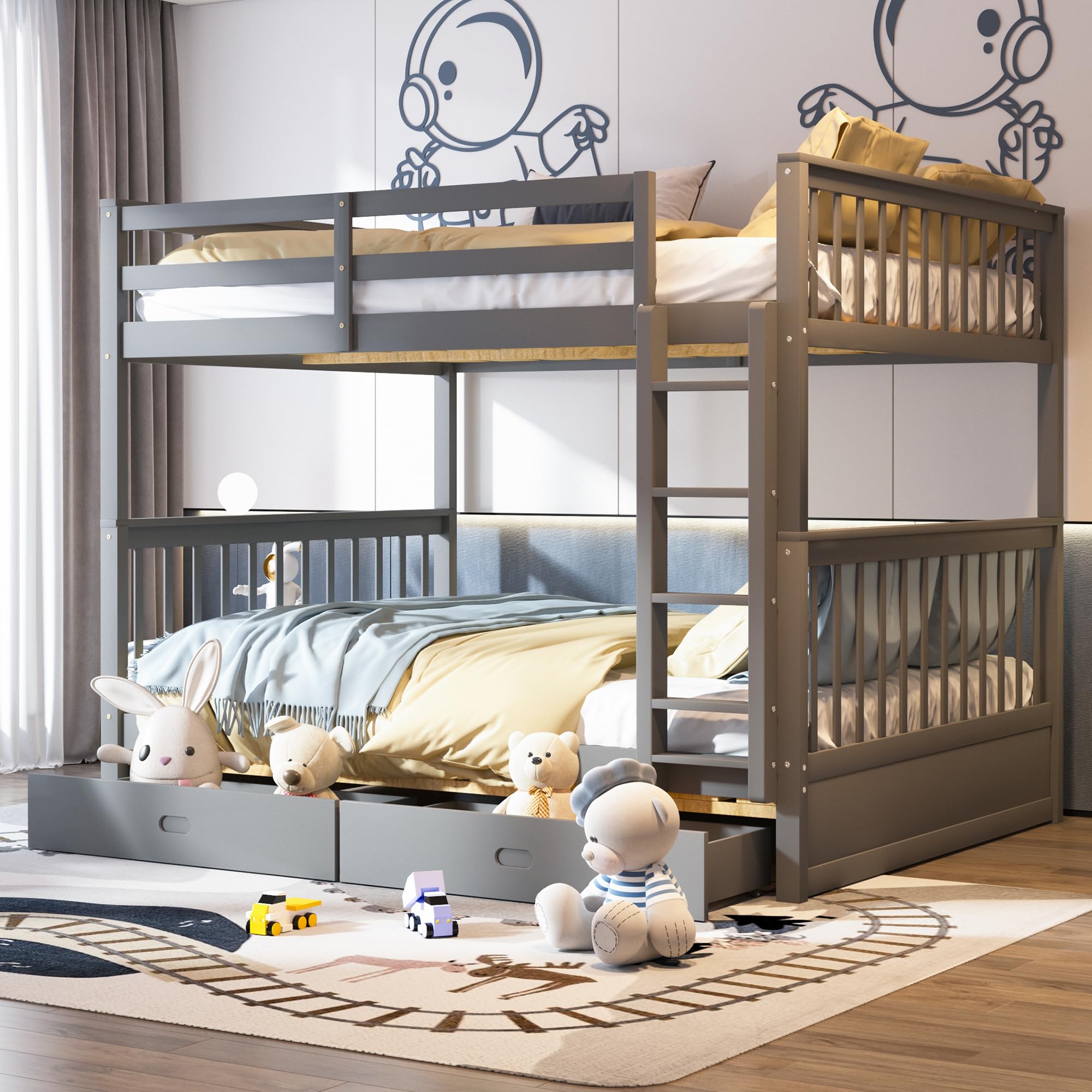 Merax Solid Wood Convertible Bunk Bed with Ladders & Storage Drawers - Full Over Full Size Detachable Frame, Grey - Perfect for Kids' Bedrooms, Guest Rooms & Space-Saving Home Furniture