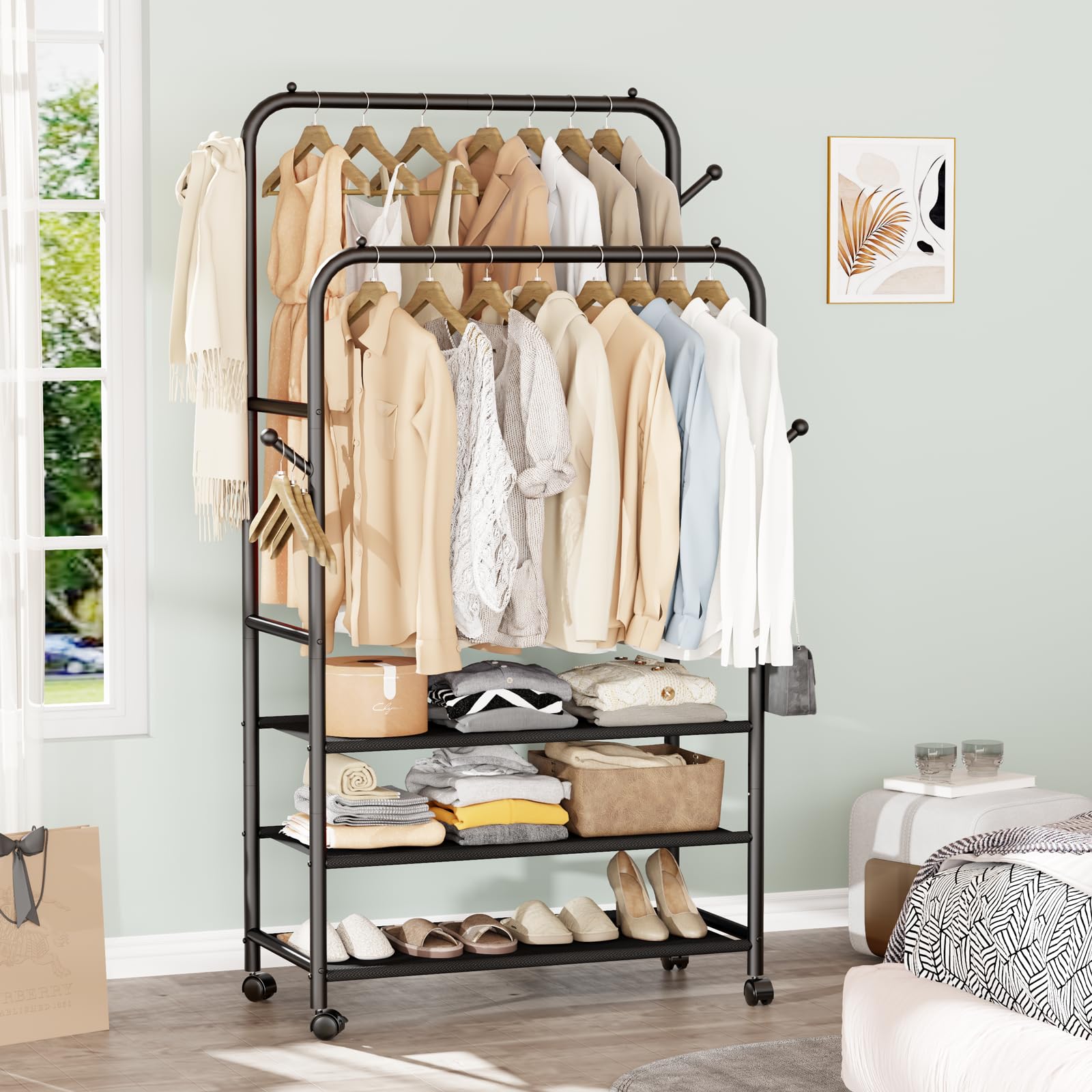 Furologee Double Rods Rolling Garment Rack with 3-Tier Storage Shelf & 4 Hooks - Portable Closet Organizer for Bedroom, Living Room - Black | Perfect for Small Spaces, Laundry Rooms & Apartment Storage