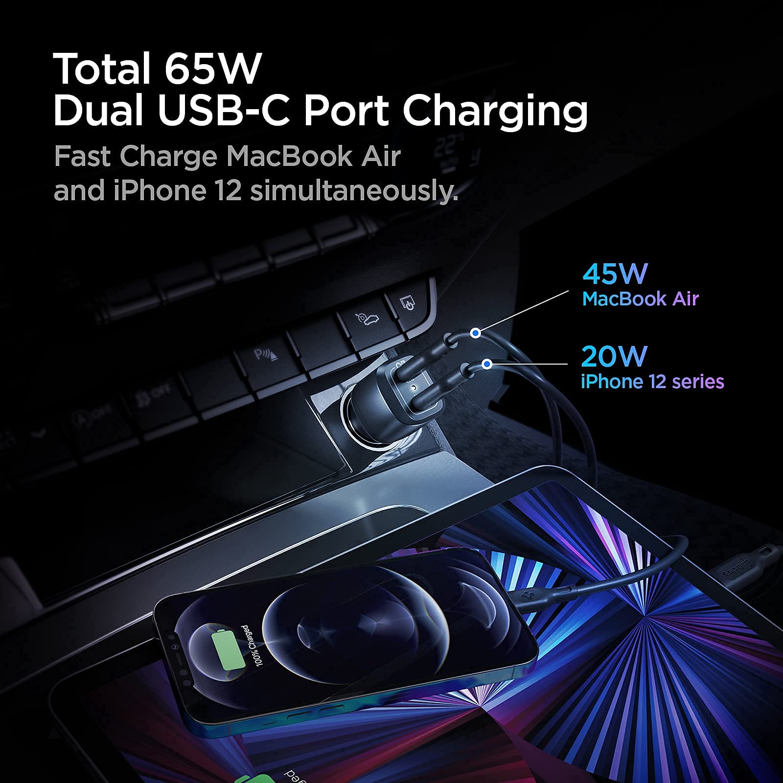 Spigen 65W USB C Car Charger with USB C to C Fast Charging Cable (1 Pack) - Fast Charge Your Phone, Tablet & Laptop On The Go