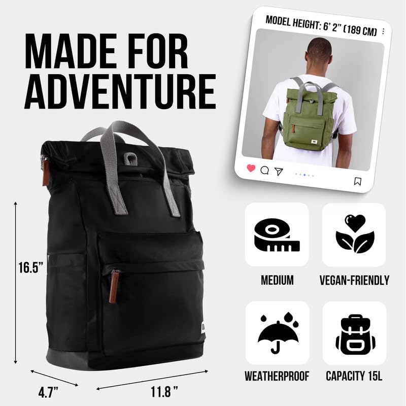 ORI LONDON Rolltop Backpack for Men & Women - Waterproof Nylon Travel Backpack with Laptop Compartment (Fits 15.6