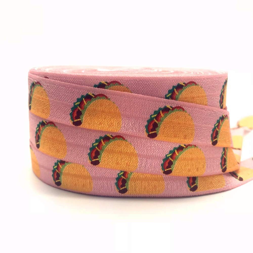 10 Yards Pink Tacos Print Fold Over Elastic Ribbon 5/8 Inch - DIY Sewing Elastic for Apparel, Wedding Decor, Party Favors & Craft Projects - Perfect for Hair Accessories, Baby Clothes & Gift Wrapping