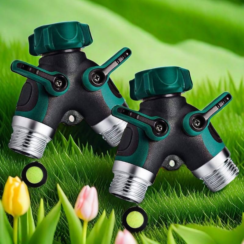 2 Way Y Hose Splitter - Heavy Duty 3/4 Inch Garden Hose Connector with Rubber Grip for Outdoor Faucet (2-Pack) - Perfect for Lawn Watering, Car Washing & Garden Irrigation