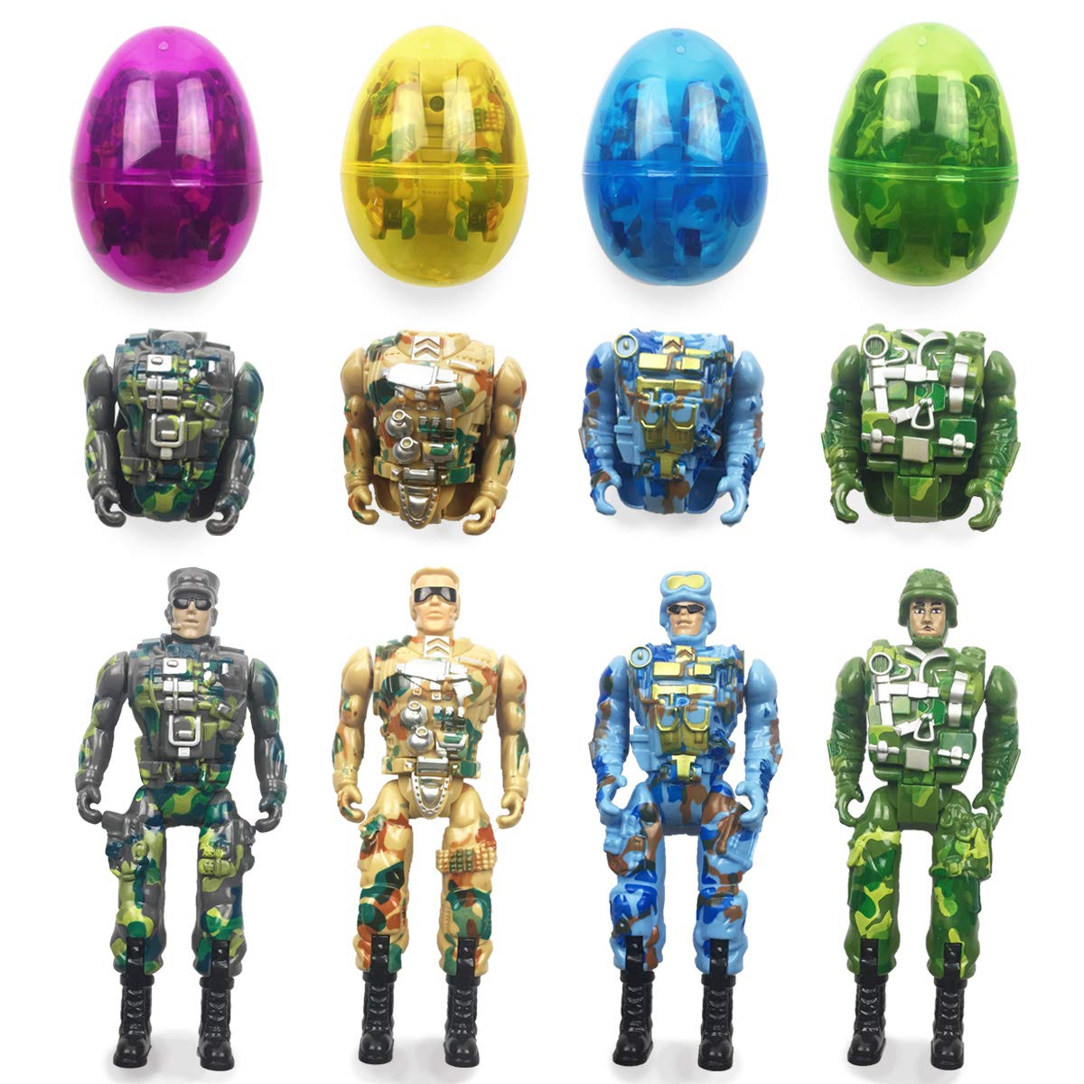 4 Pack Jumbo Soldier Deformation Easter Eggs with Surprise Toys Inside - Fun Easter Basket Stuffers for Kids, Boys & Girls - Perfect for Easter Egg Hunts, Party Favors & Holiday Gifts