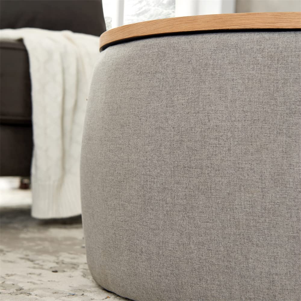 2-in-1 Round Storage Ottoman with Removable Tray - Upholstered Pleated Footrest Stool & Coffee Table - Light Grey Accent Furniture for Living Room, Bedroom, Vanity | Perfect as Makeup Stool, Side Table & End Table