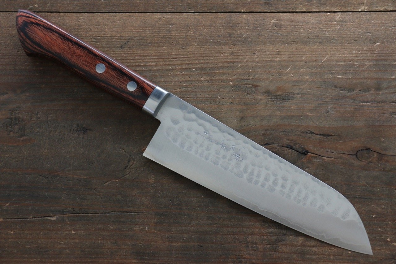 Premium Kunihira Tanzo VG1 Hammered Santoku Knife 170mm - Japanese Chef Knife with Mahogany Handle - Perfect for Slicing, Dicing & Chopping Vegetables, Meat & Fish