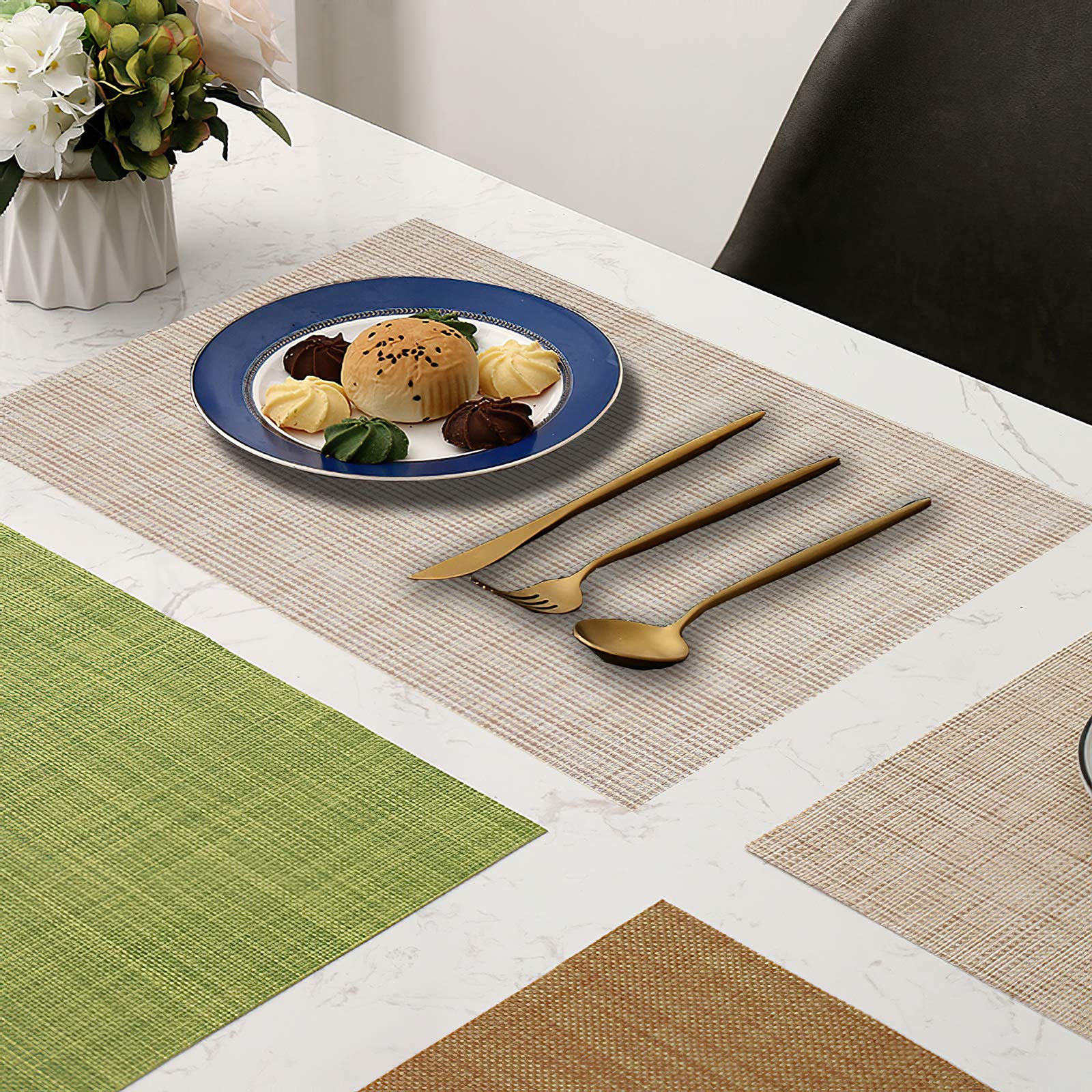 6-Pack Woven Washable Placemats Set - Waterproof Vinyl Table Mats for Kitchen & Dining Room, Beige - Perfect for Everyday Meals, Dinner Parties & Home Decor