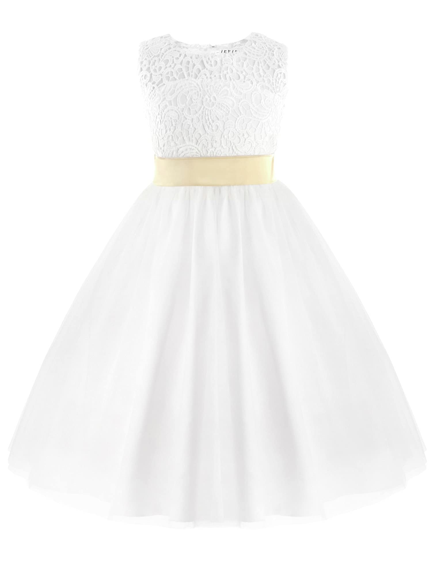 iiniim White Flower Girls Dress for Kids Pageant Wedding & Bridesmaid - Back Hollow Heart Design - Perfect for Flower Girl, First Communion, and Special Occasions