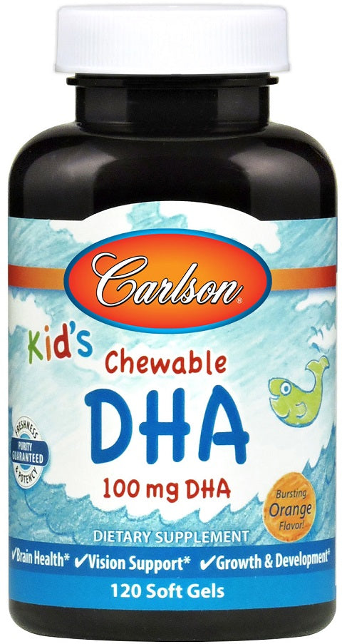 Carlson Labs Kids Chewable DHA 100mg Orange Flavor Softgels - 120 Count | Brain & Eye Support for Children | Perfect for School, Travel & Daily Nutrition