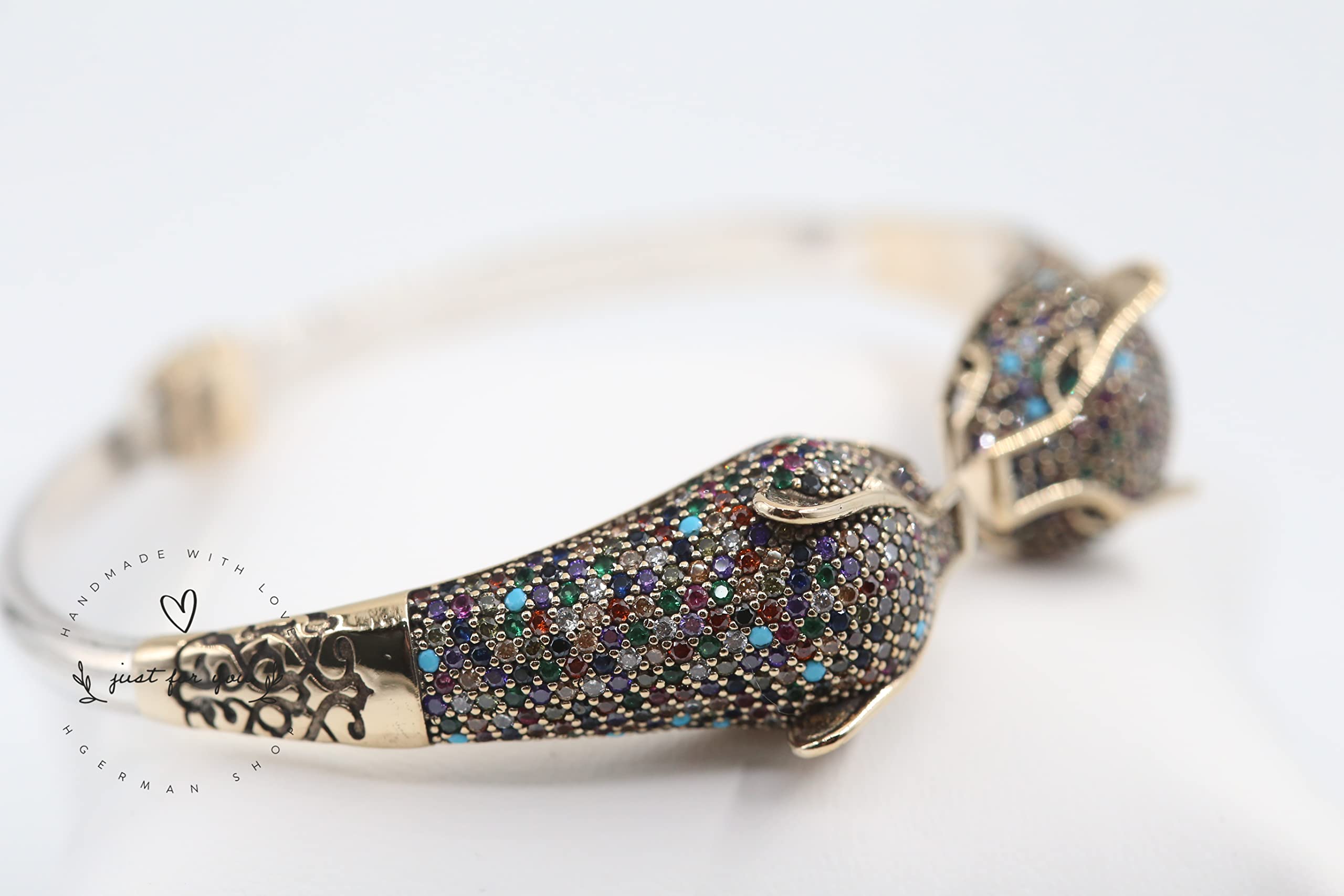 Jaguar Panther Leopard Cubic Zircon Sterling Silver Bracelet for Women - Big Cat Animal Jewelry Gift, Adjustable Free Size - Perfect for Parties, Date Nights & Fashion Accessories