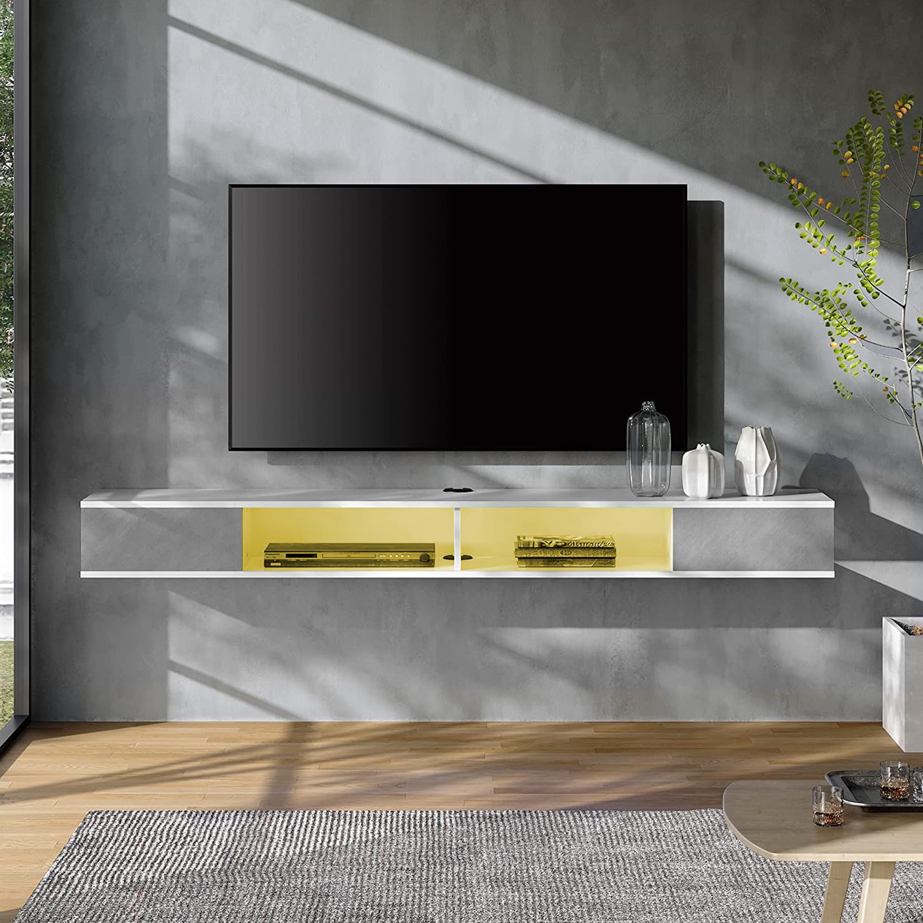 WAMPAT 70 Inch Floating TV Stand with Yellow/Blue LED Lights - Wall Mounted Entertainment Center & Media Console with Storage for 65/70/75 Inch TVs (White & Grey) - Perfect for Living Room, Bedroom, and Home Theater Setup