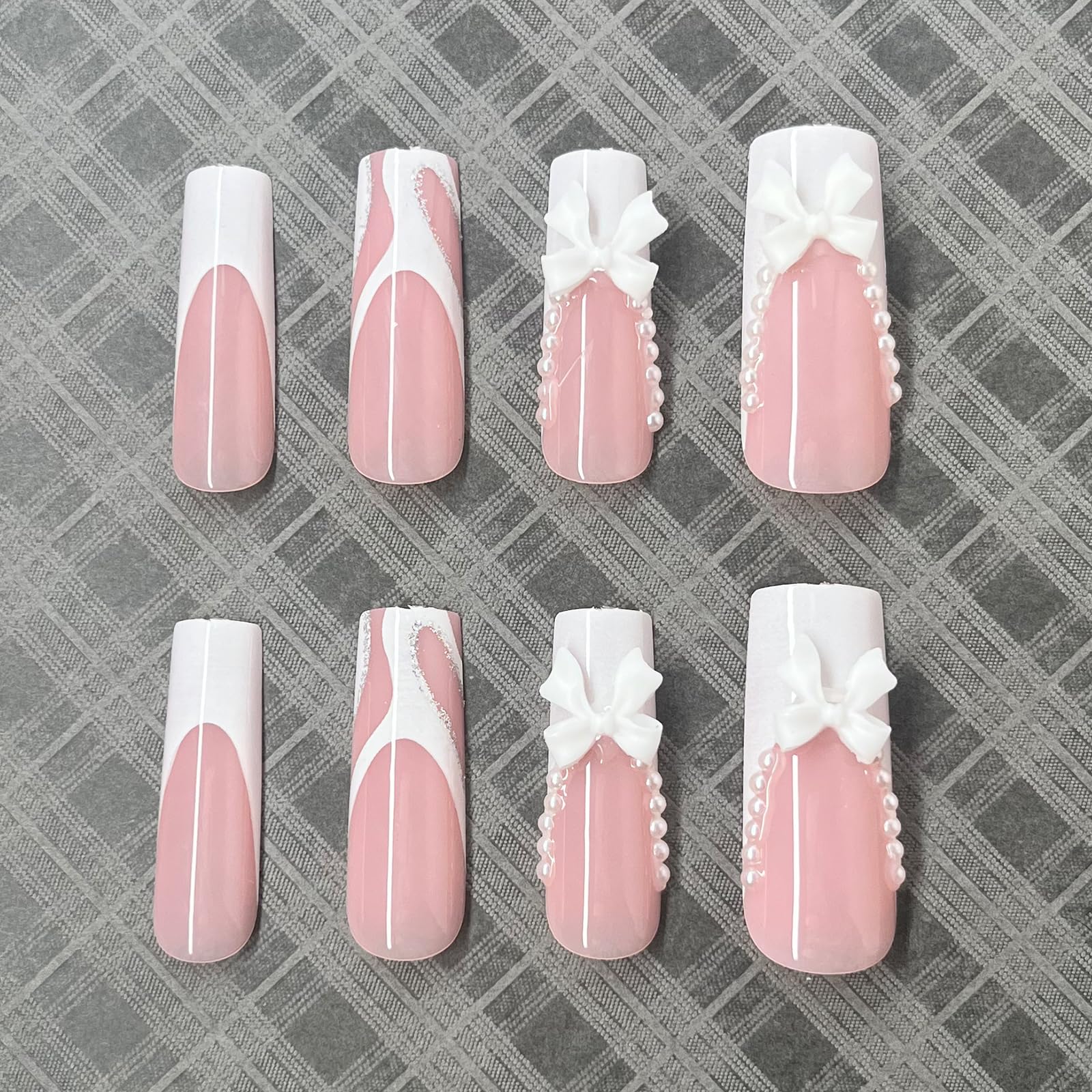 24Pcs French Tip Press on Nails - Long Square Fake Nails with Bow Rhinestone & Pearl Designs | Glossy Coffin False Nails for Women & Girls | Reusable Acrylic Nails for Parties, Weddings & Special Occasions