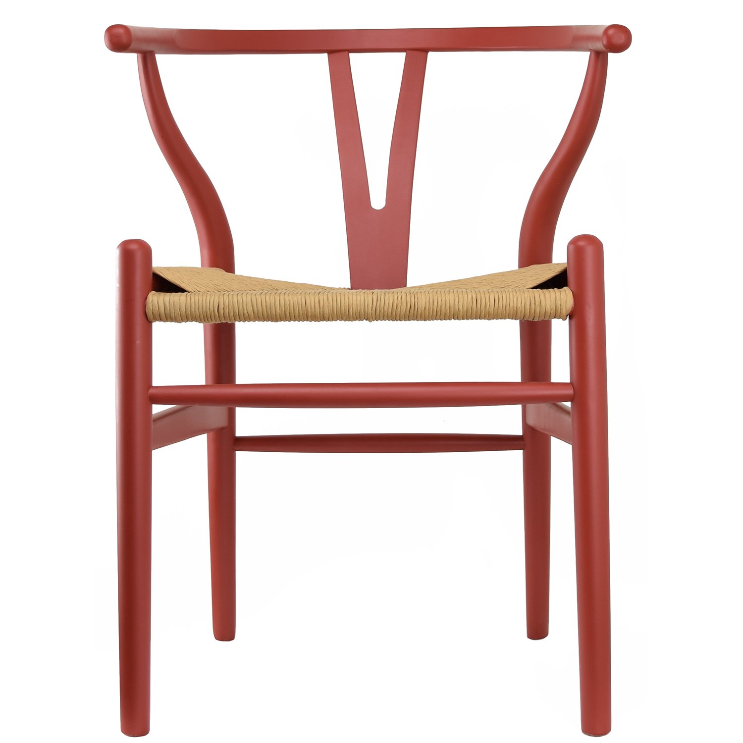 Modern Farmhouse Wishbone Y Back Wooden Dining Chair with Woven Papercord Seat - Red Single Chair for Kitchen, Dining Room & Breakfast Nook - Set of 1