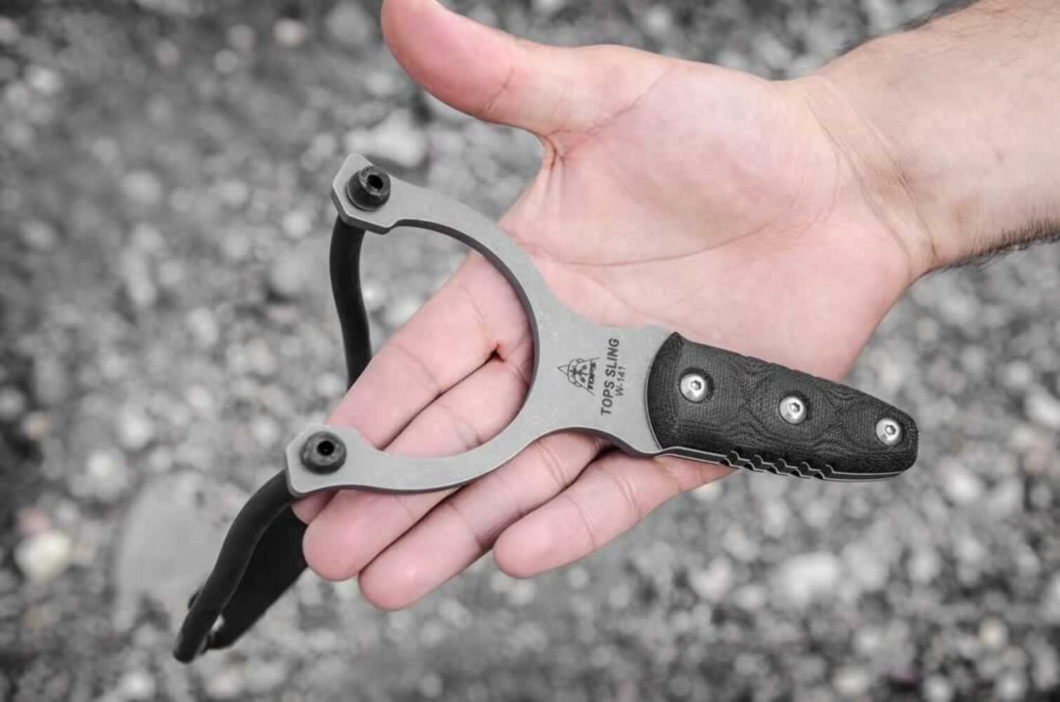 TOPS Knives Sling Shot Full Tang Fixed Blade Knife - Tumble Finish, Black Canvas Micarta Handle with Brown Leather Sheath & Belt Loop - Hunting, Camping, Survival Outdoor Tools