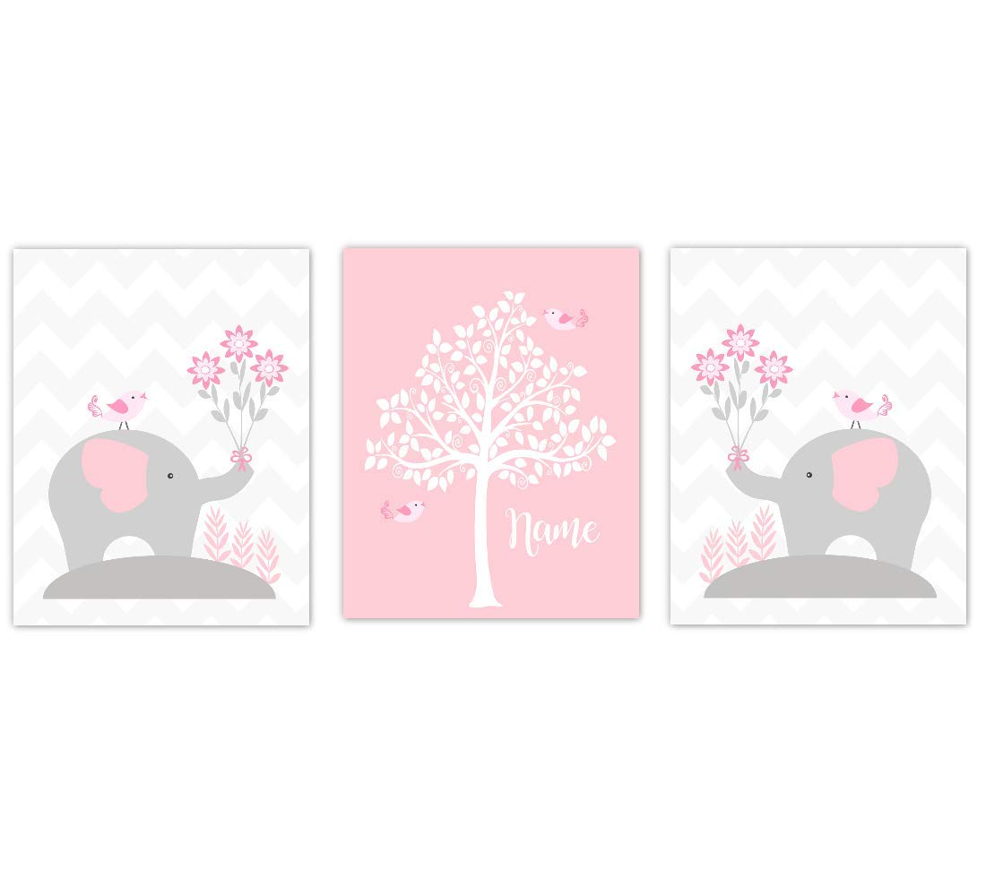 Personalized Pink Elephants Nursery Wall Art for Baby Girls - Safari Decor Prints