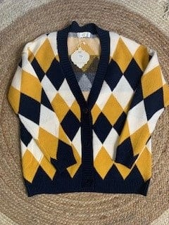 Stylish HQ Jenny Diamond Print Cardigan in Navy Blue | Women's Fashion Knitwear for Office, Casual Outfits & Fall Layering
