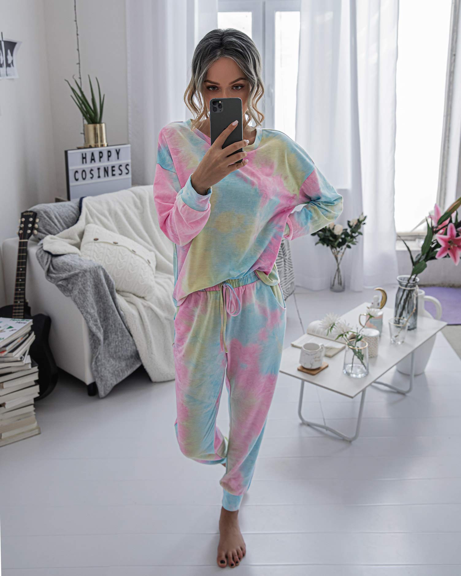 TSMNZMU Women's Tie Dye Pajama Set - 2 Piece Long Sleeve Sleepwear with Pockets, Soft Pullover Top & Jogger Pants for Lounge, Sleep & Relaxation at Home