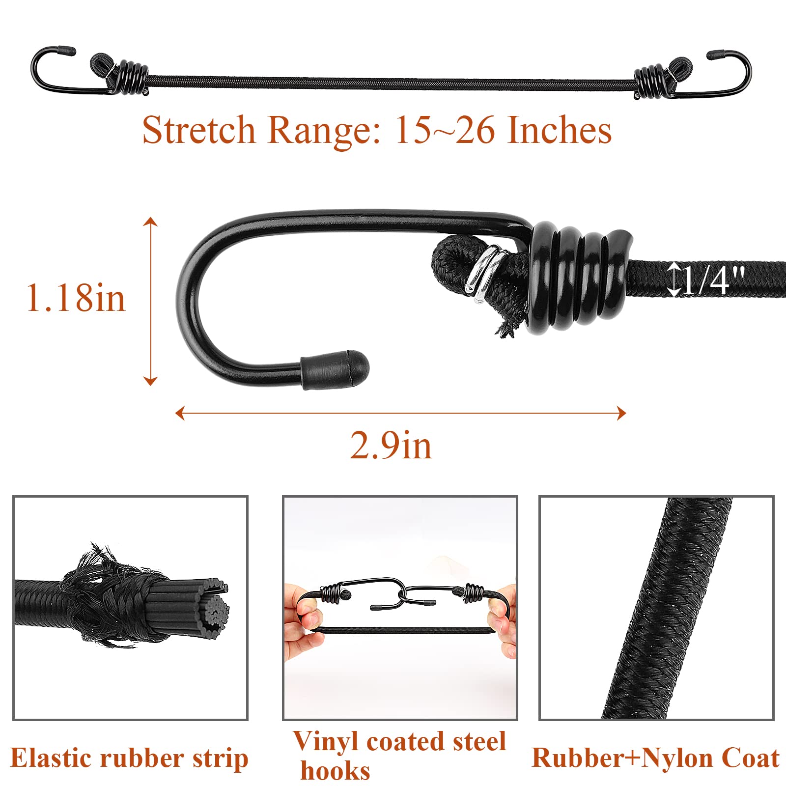 15 Inch Black Bungee Cords with Hooks - 8 Pack Heavy Duty Elastic Tie Down Straps for Camping, Truck, RV, and Outdoor Gear Organization