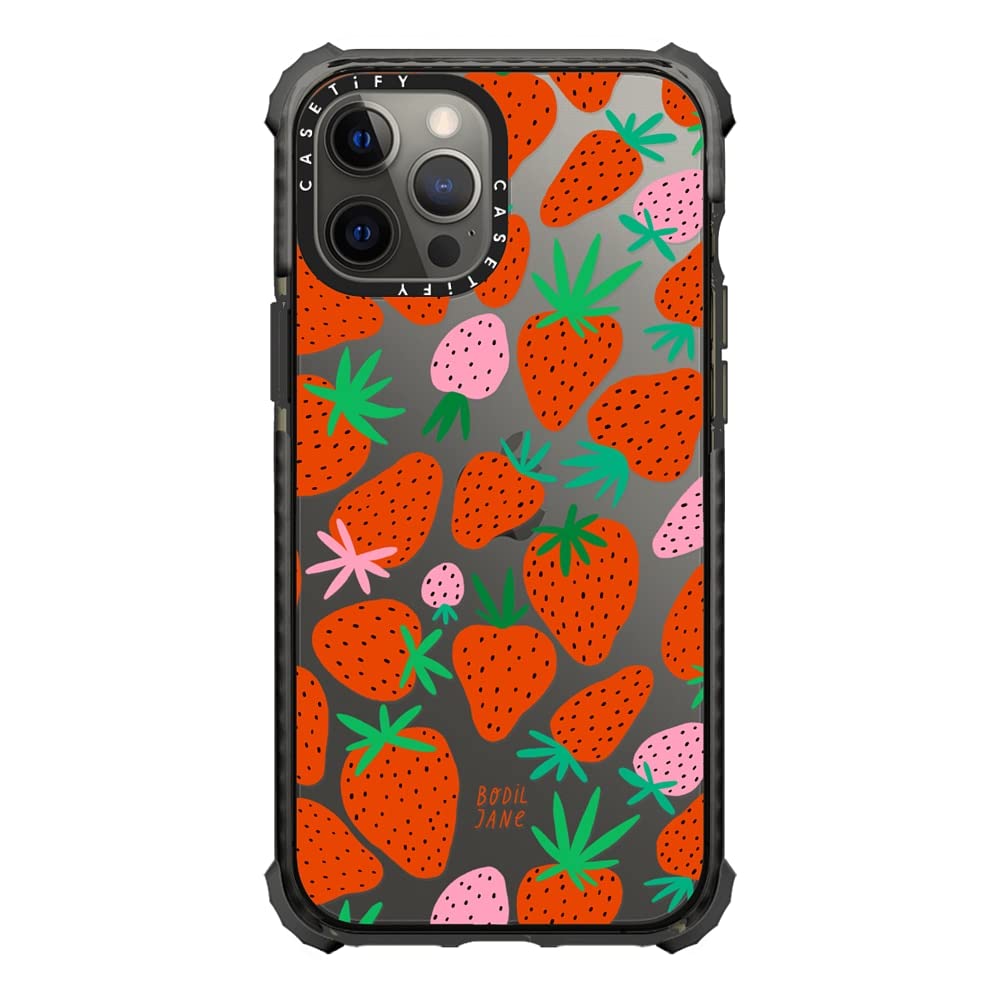 CASETiFY Ultra Impact Shockproof Case for iPhone 12 Pro Max - Strawberry Design Clear Black - Slim Protective Phone Cover for Everyday Use, Travel & Outdoor Activities