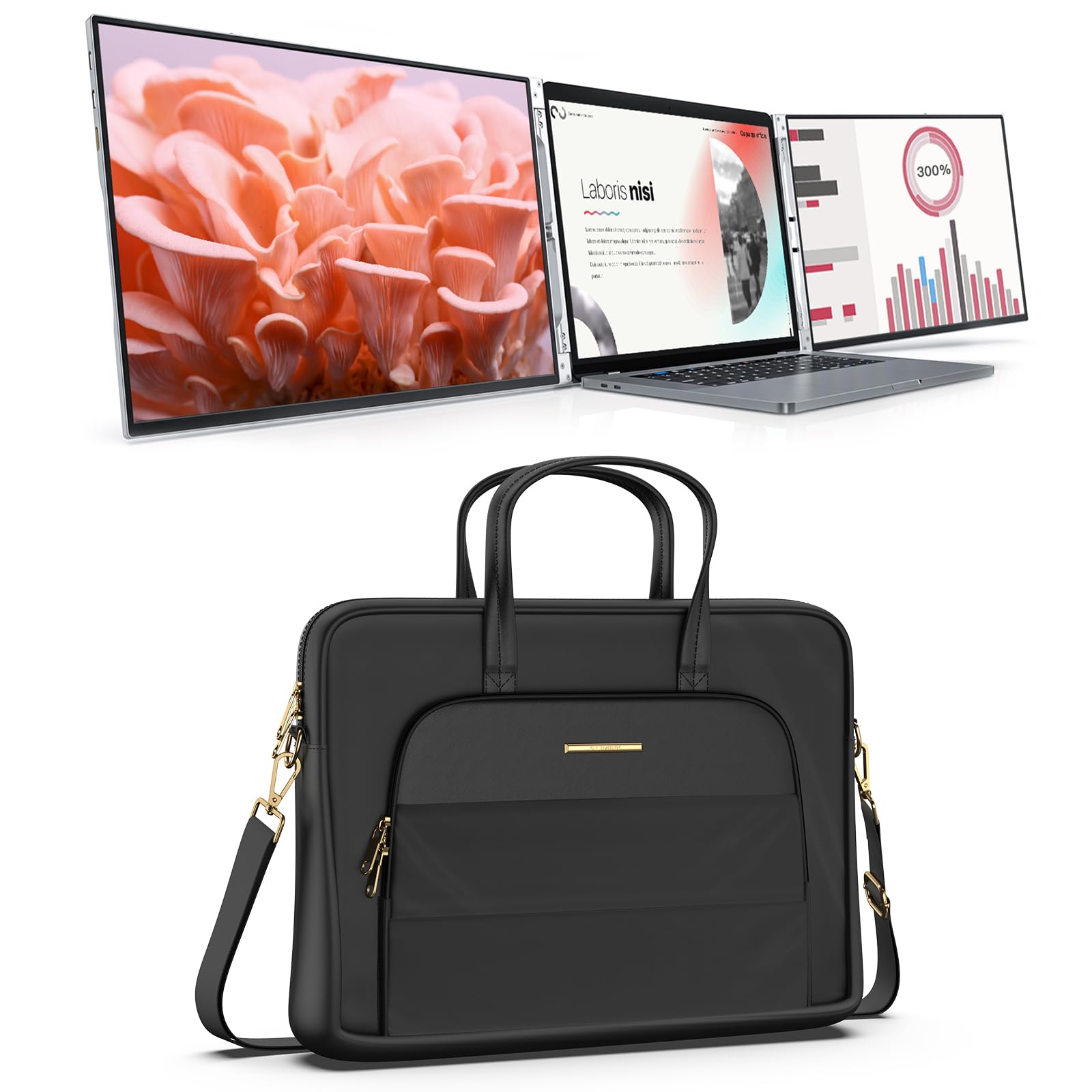 LIMINK Nylon Laptop Bag with LK14 Dual Monitor Stand for 13-16 Inch Laptops - Portable Freestanding Monitor Extender with Kickstand for Windows & MacOS - Perfect for Office, Travel & Remote Work