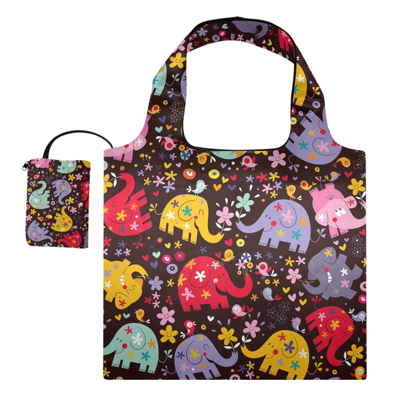 Colorful Elephant Floral Print Foldable Reusable Grocery Tote Bag - Large Canvas Shoulder Handbag for Women, Shopping, Travel & Outdoor Activities | Eco-Friendly Shopping Bag for Groceries, Beach Trips & Daily Use
