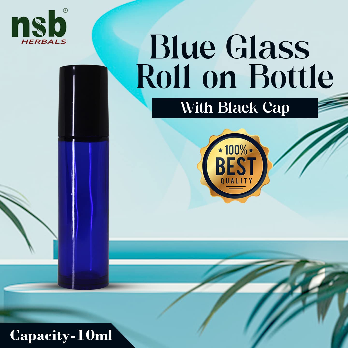 NSB Herbals 10ml Empty Blue Glass Roll On Bottles with Black Cap - Refillable Essential Oil Bottles for Aromatherapy, Perfume, Lip Balm | Perfect for Travel, DIY Beauty & Home Fragrance (Pack of 3)