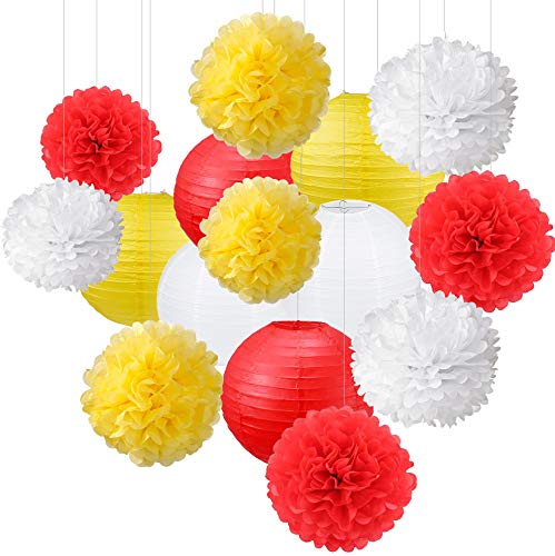 Vibrant Red, White & Yellow Hanging Paper Lanterns & Pom Poms - Party Decor Set for Birthday, Graduation, Baby Shower | Perfect for Indoor/Outdoor Celebrations & Festive Home Decor