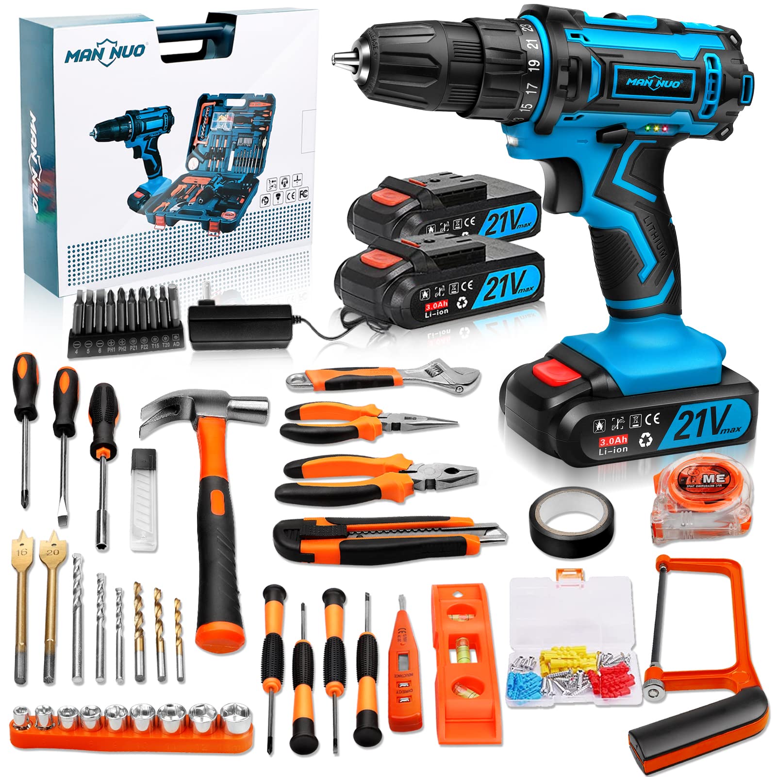21V Cordless Drill Power Set with 3000mAh Battery & Fast Charger - 117 Piece Power Tool Combo Kit Including Drill Driver & 3/8