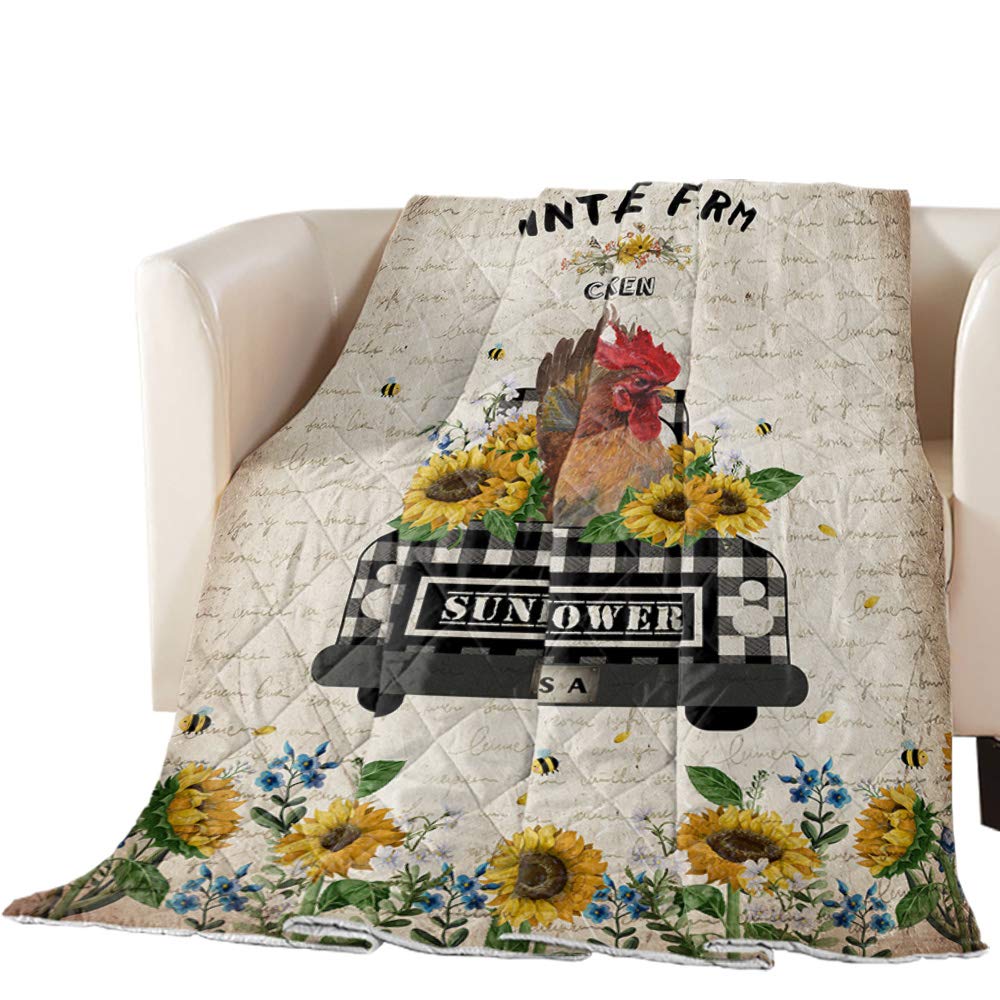 Vintage Farmhouse Chicken Print Cotton Quilted Comforter - Soft Breathable Oversized Queen Bedspread | Buffalo Check Plaid & Sunflower Design Lightweight All-Season Coverlet for Bedroom, Living Room, Sofa, Truck & Outdoor Use