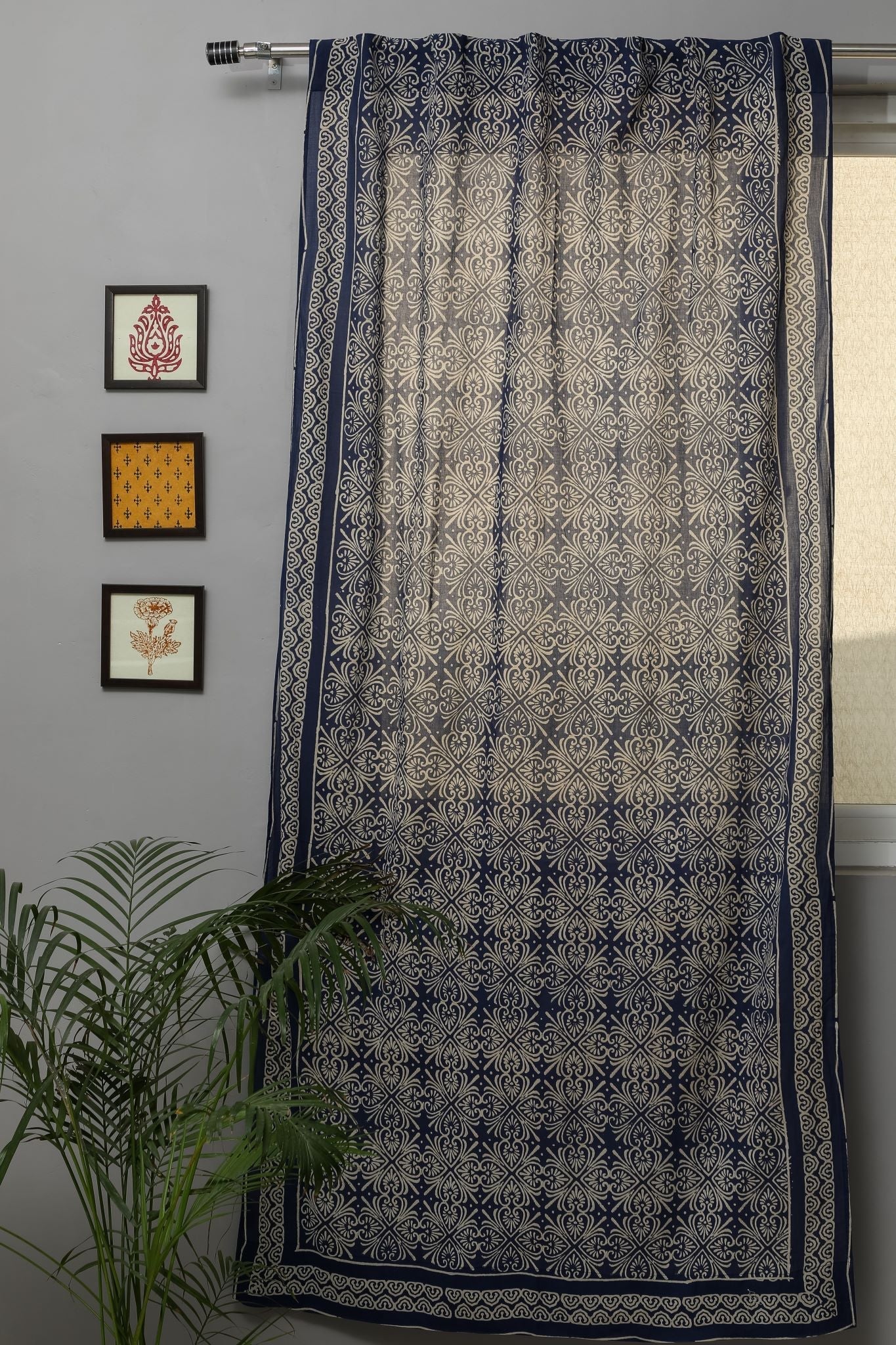 Handblock Printed Cotton Door Curtain 'Iris' by SootiSyahi - Traditional Indian Home Decor for Living Room, Bedroom & Entryway