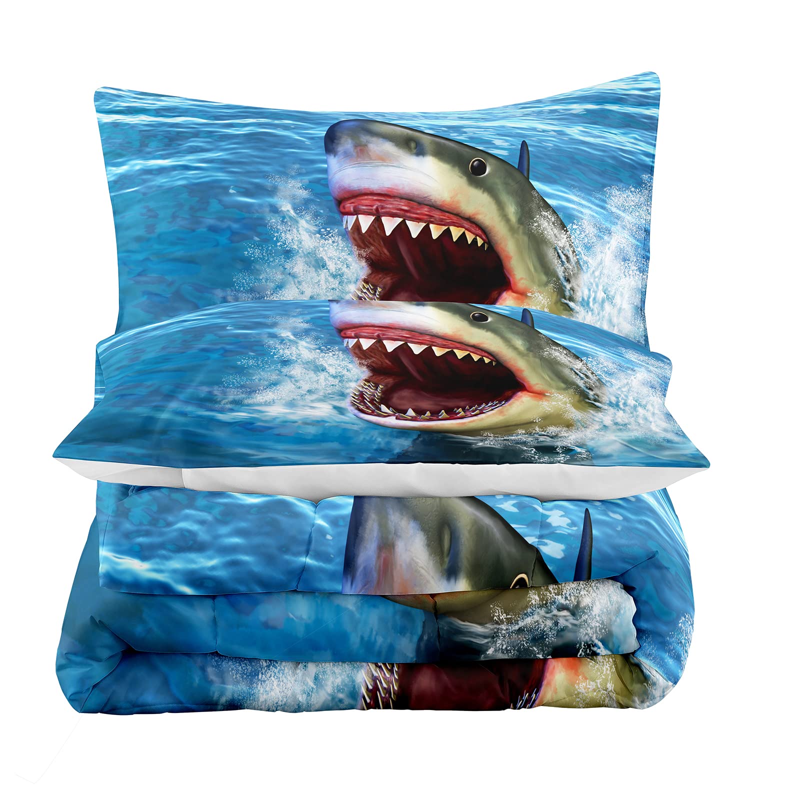 Big Shark Comforter Set for Boys & Teens - Full Size Shark Bedding with 1 Comforter & 2 Pillowcases - Blue Ocean Theme Shark Mouth Design - Perfect for Kids Bedroom, Dorm Room & Shark Lovers