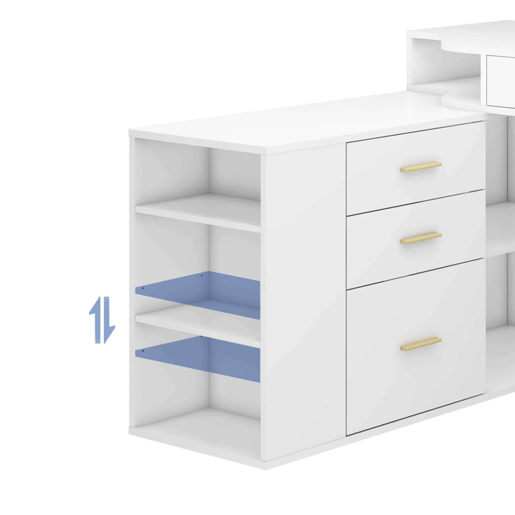 Modern L-Shaped Desk with 5 Drawers & Adjustable Shelves - 55 Inch Executive Office Desk, Wooden Computer Writing Table with File Storage Cabinet for Home Office - Perfect for Small Spaces & Remote Work Setup