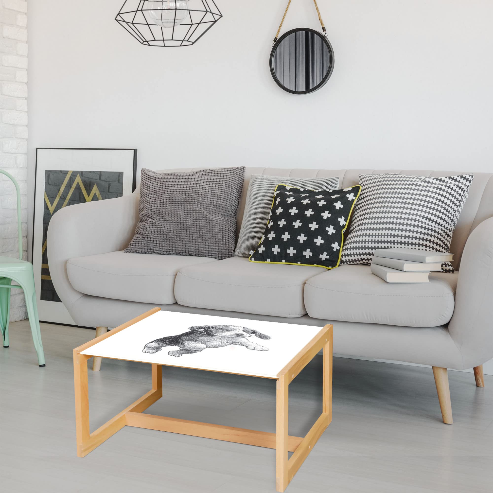 Ambesonne Beagle Coffee Table - Modern Acrylic Glass Center Table with Wooden Frame, Grey and White Pen Drawing of Jumping Beagle Dog - Perfect for Offices, Dorms, Living Rooms & Home Decor