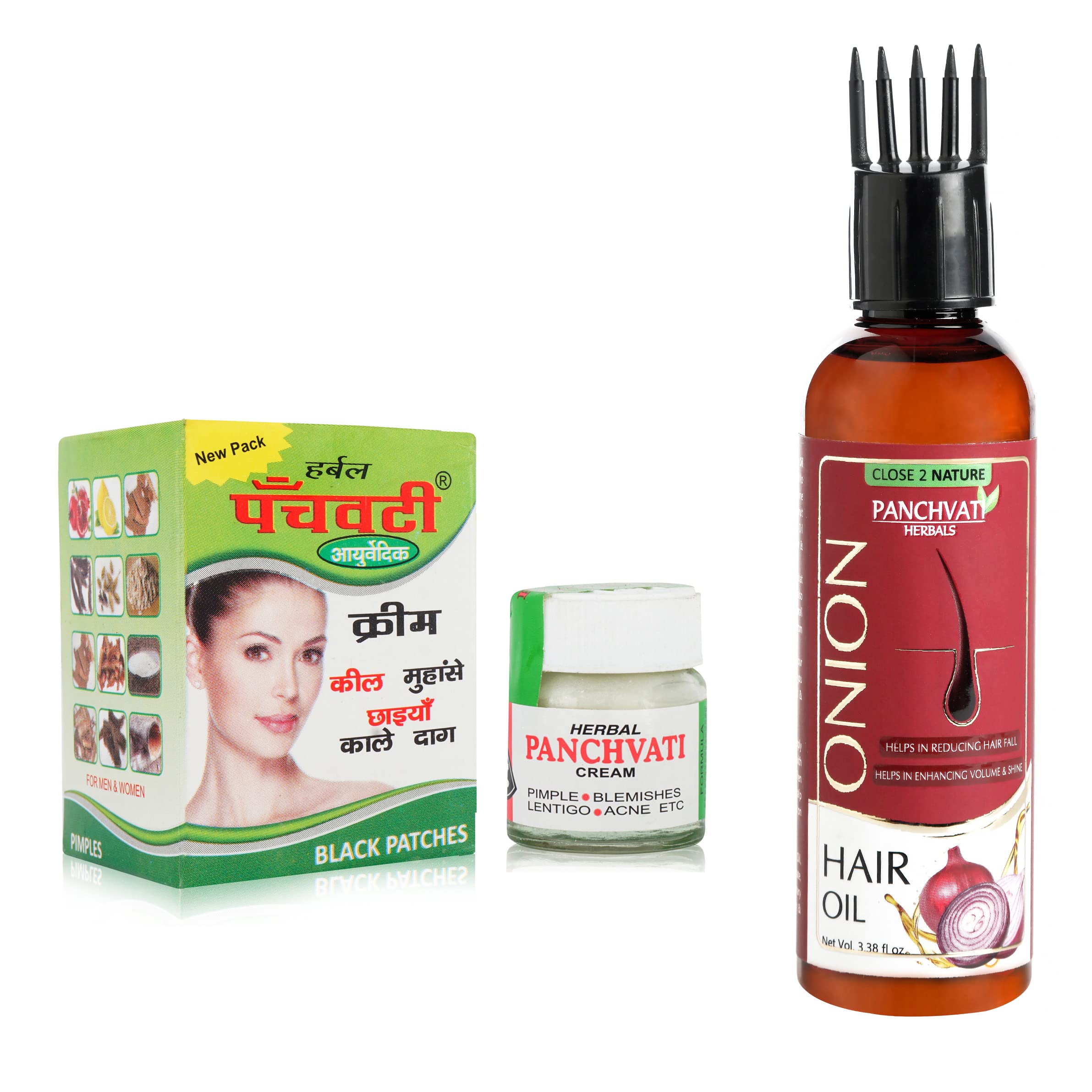 Panchvati Acne Cream 10gm & Onion Hair Oil 100ml - Natural Ayurvedic Skincare & Hair Growth Treatment for Acne, Pimples & Hair Fall - Perfect for Daily Face Care & Scalp Massage