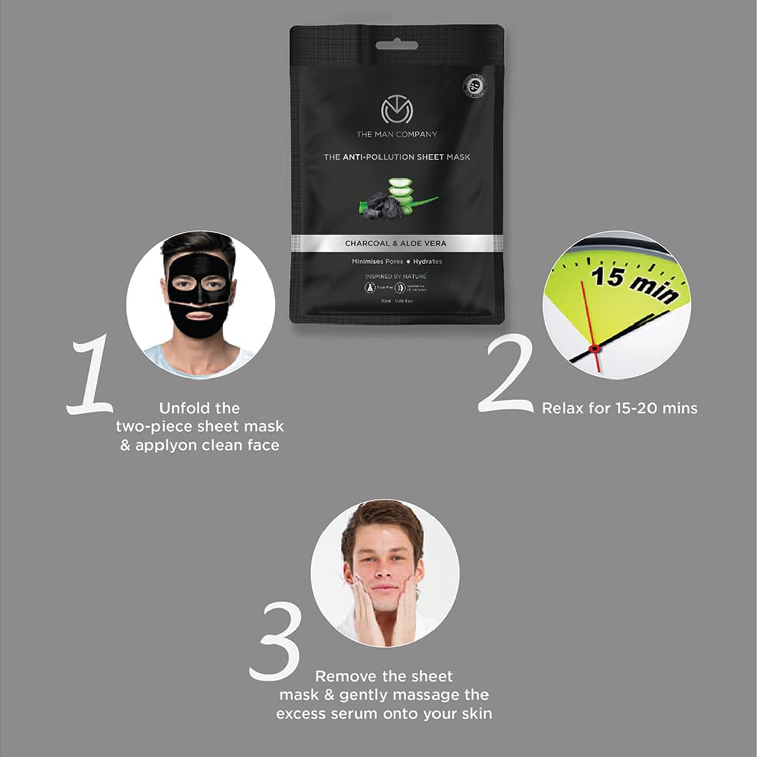 The Man Company Charcoal De-Tan Face Sheet Mask with Aloe Vera & Hyaluronic Acid - 25ml x 2 Pack | Detoxifying & Brightening for Men | Perfect for Post-Sun Care & Skin Rejuvenation