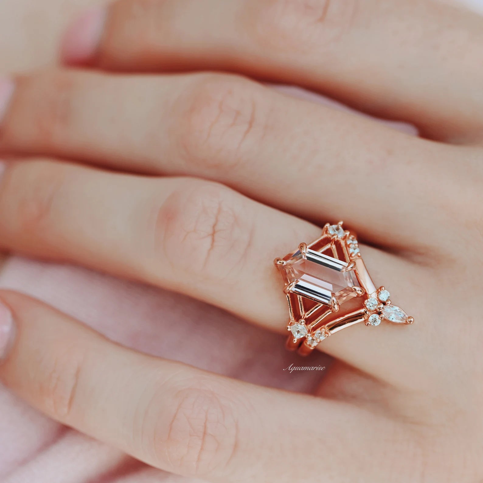 Celtic Hexagon Morganite Couples Ring - Elegant Wedding Band for Her & Him, Promise & Anniversary Jewelry Gift - Perfect for Engagements, Valentine's Day & Romantic Occasions