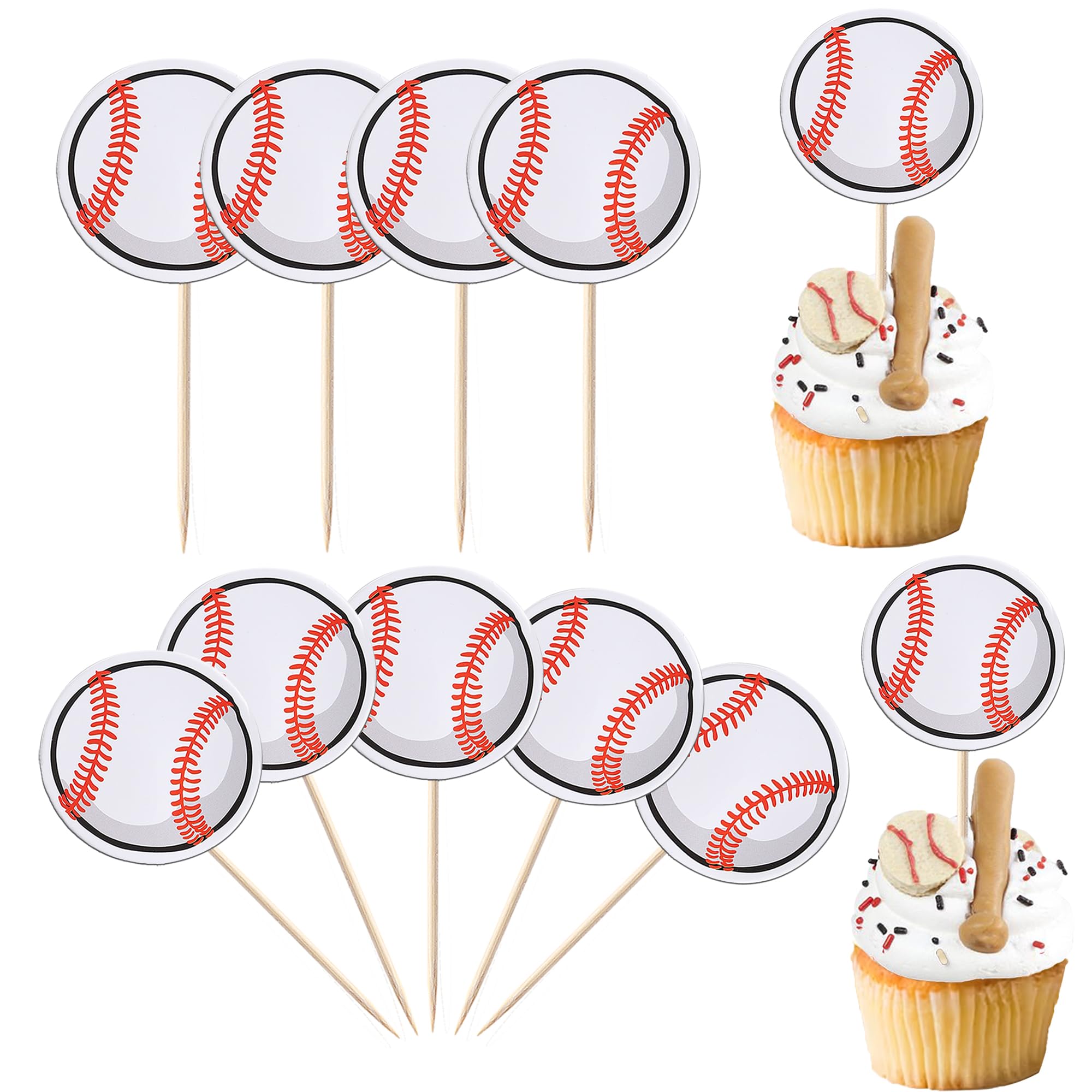 40 Pack Baseball Cupcake Toppers - Sport Ball Theme Cupcake Picks for Baby Showers, Kids Birthday Parties & Sports Themed Cakes - Perfect for Baseball Lovers, Team Celebrations & Game Day Desserts