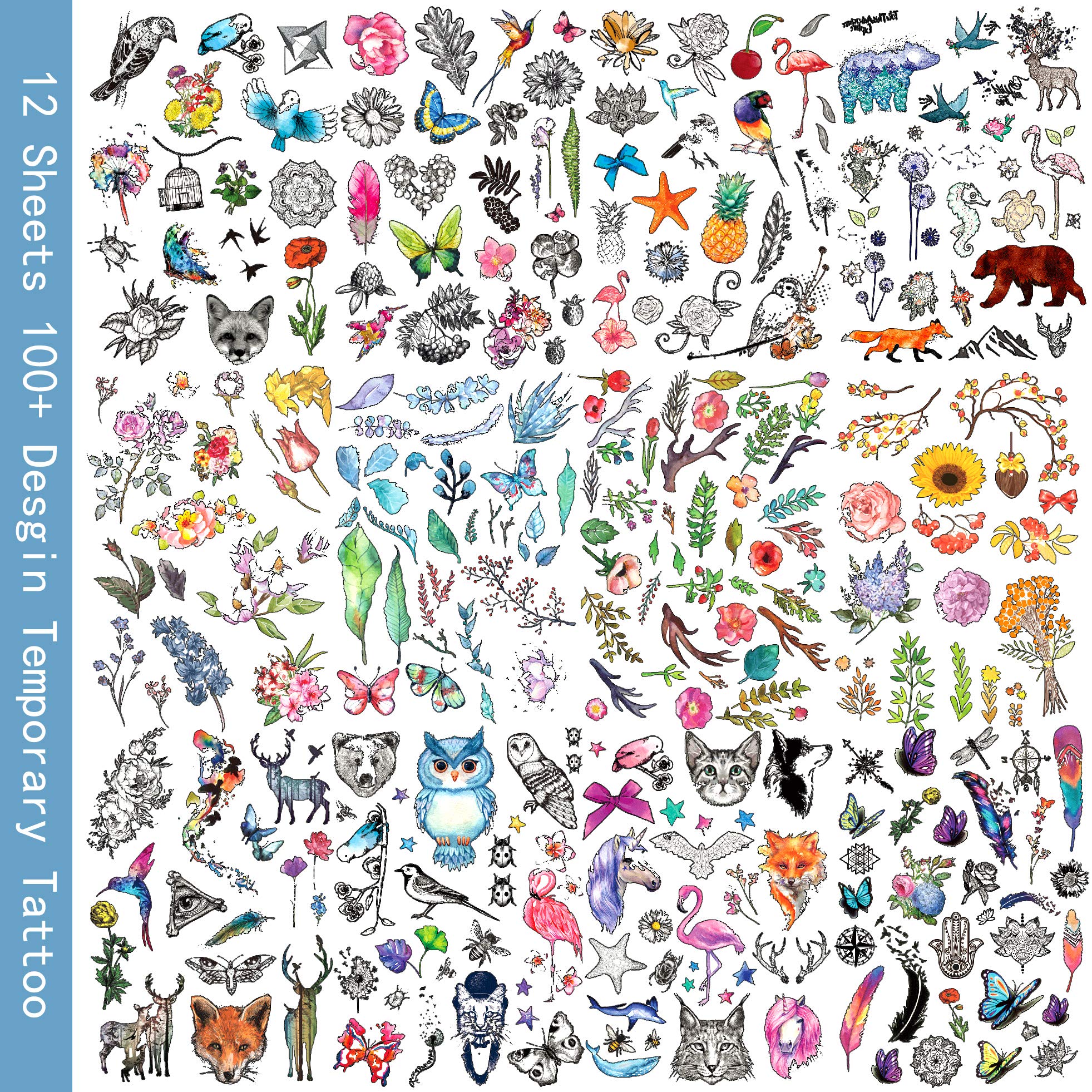 Waterproof Temporary Tattoo Stickers - 12 Sheets with 100+ Summer Designs (Animals, Flowers, Leaves) | Perfect for Kids, Parties, Festivals & Body Art