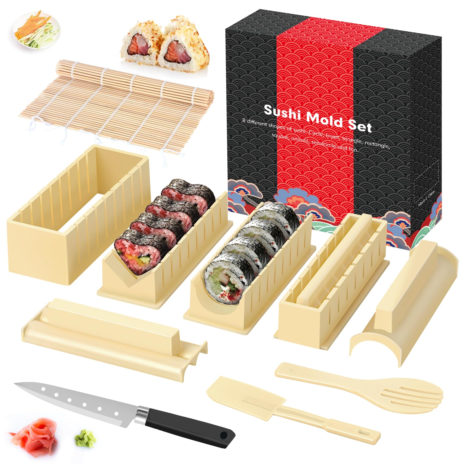 HI NINGER Complete 10-Piece Sushi Making Kit with 8 Rice Mold Shapes, Fork & Spatula - DIY Home Sushi Tools in Off-White | Perfect for Beginners, Parties & Asian Cuisine Lovers