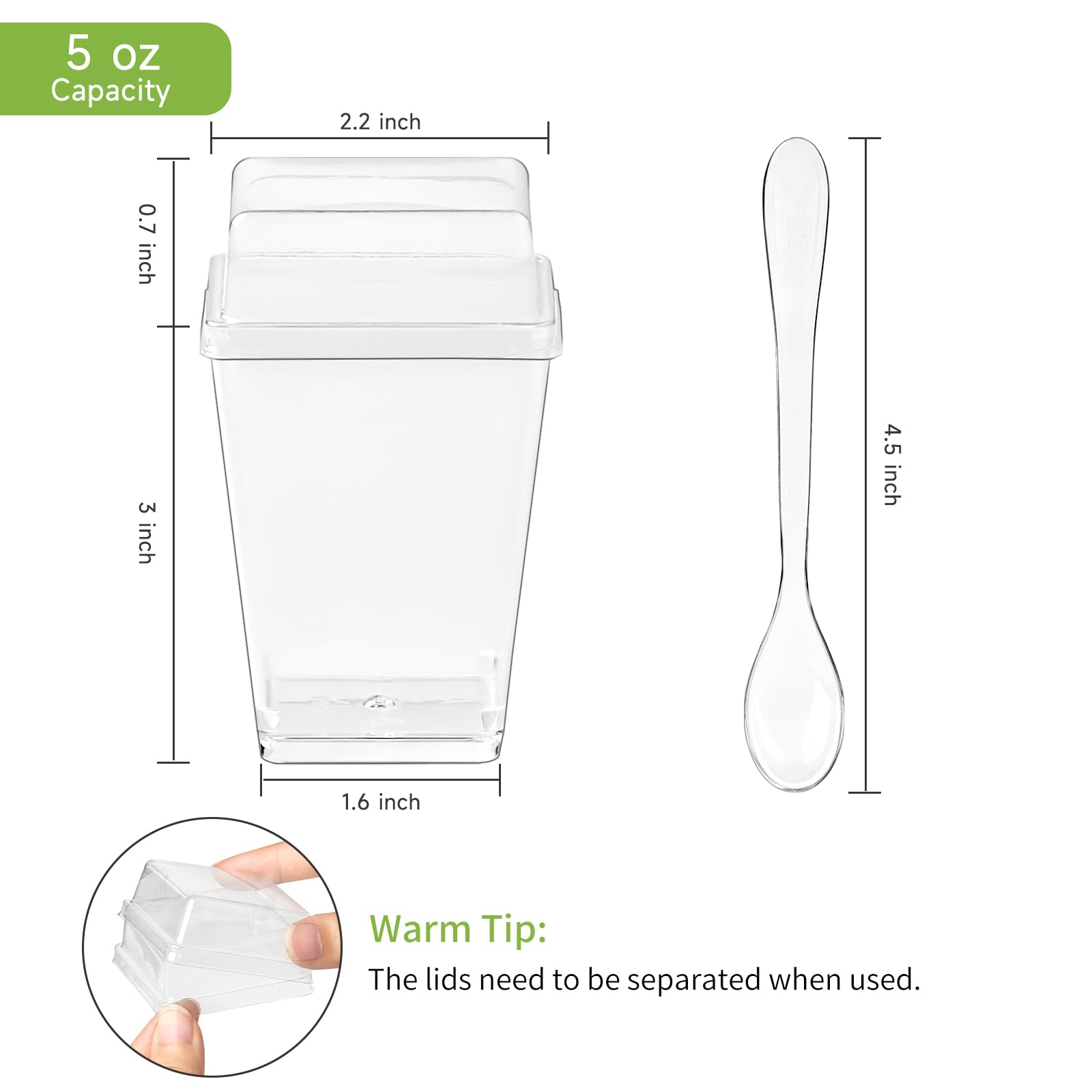 50 Pack 5 oz Clear Plastic Dessert Cups with Lids & Spoons - Square Mini Parfait Containers for Yogurt, Pudding, Ice Cream, Fruit & Appetizers - Perfect for Parties, Catering & Home Dessert Serving