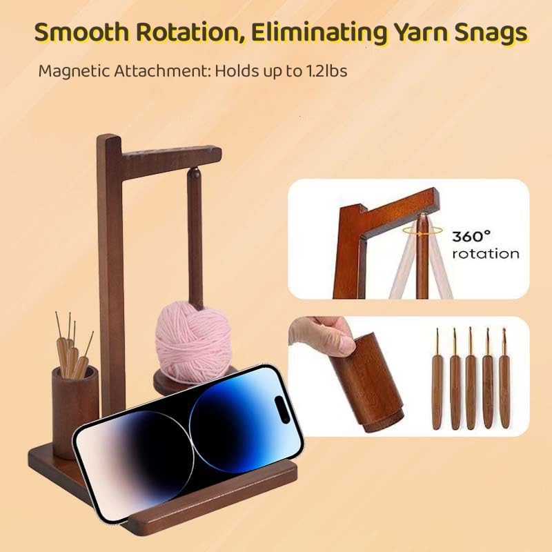 Wooden Yarn Holder Stand with Phone Stand & Crochet Hook Storage - Magnetic Yarn Ball Spinner for Knitting & Crocheting - Perfect for Crafting, DIY Projects & Relaxing at Home
