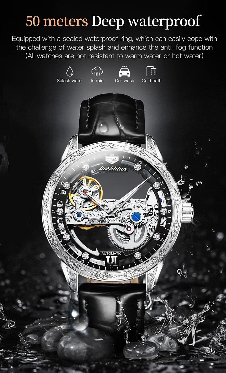 OLEVS Men's Automatic Skeleton Mechanical Watch - Self-Winding Dress Watch with Luminous Hands, Waterproof Leather Strap - Perfect for Business, Formal Events & Luxury Gifts
