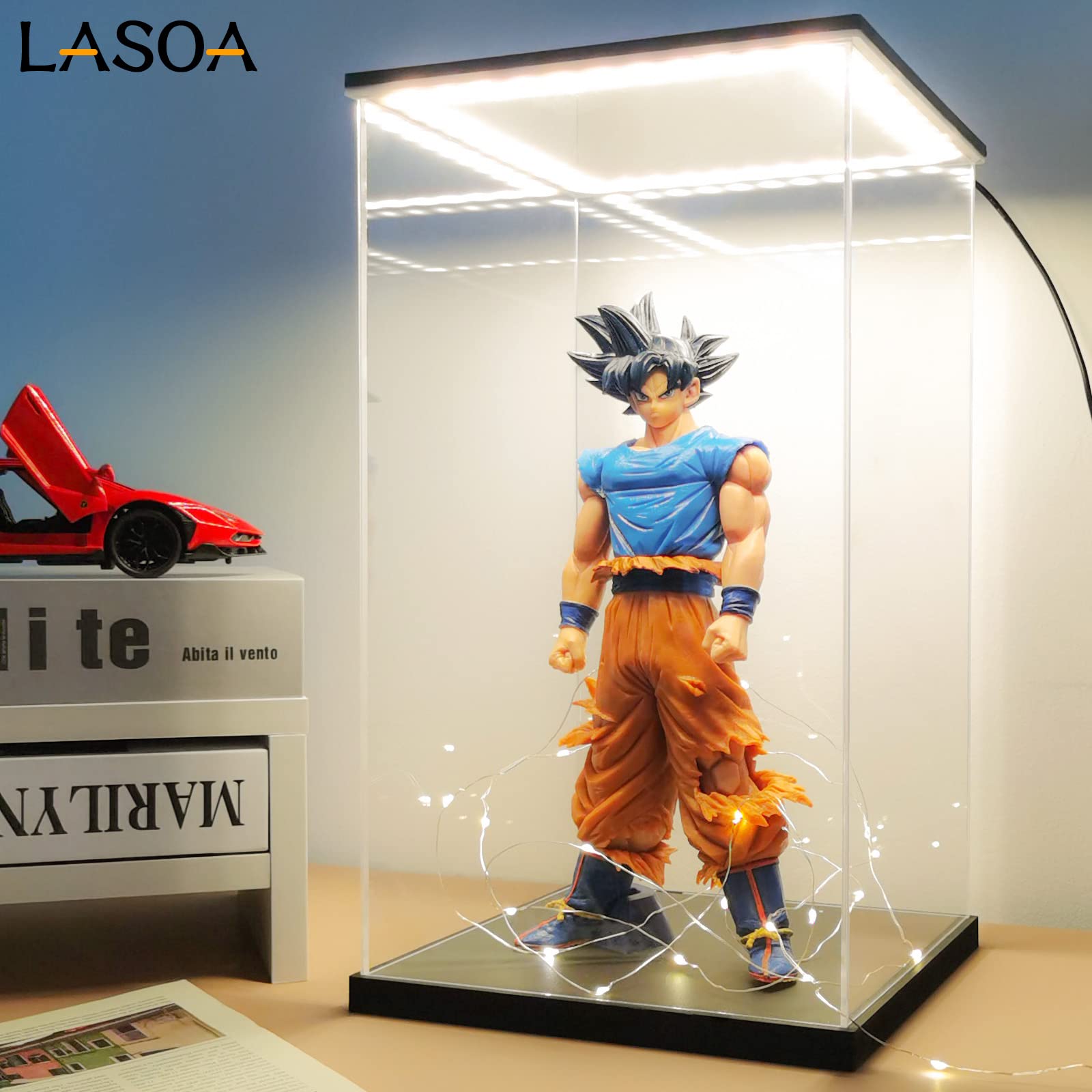 LASOA Acrylic Display Case with LED Lights - 6x6x10 Inch Clear Collectible Showcase Box with Black Base & Lid for Action Figures, Funko Pops, Memorabilia - Perfect for Home Decor, Office Display & Gift Packaging