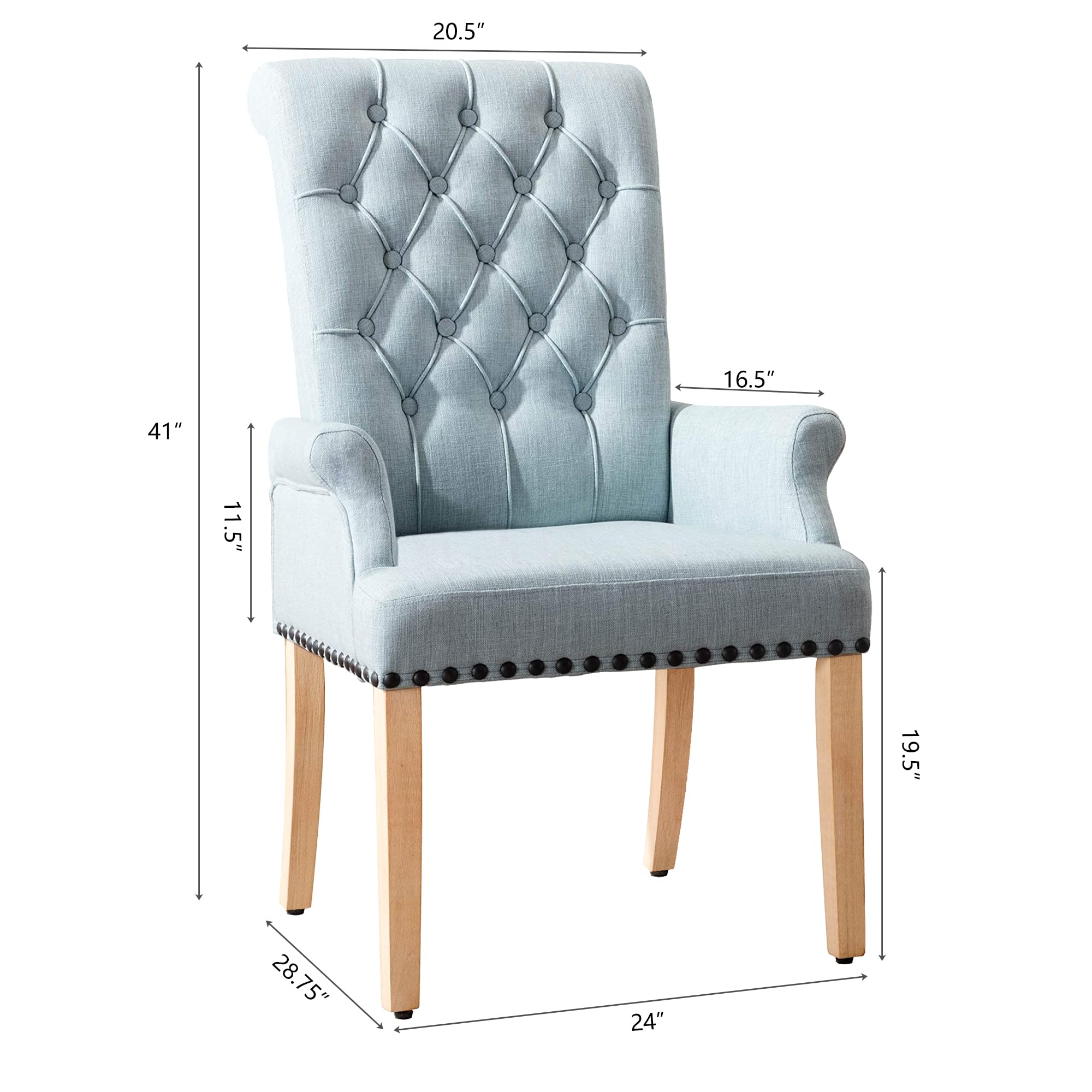 Luxury Fabric Dining Chairs - Upholstered Tufted Armrest Accent Chairs with Nailhead Trim & Solid Wood Legs - Elegant Blue Home Decor for Dining Room, Kitchen & Living Room - Perfect for Family Gatherings & Dinner Parties