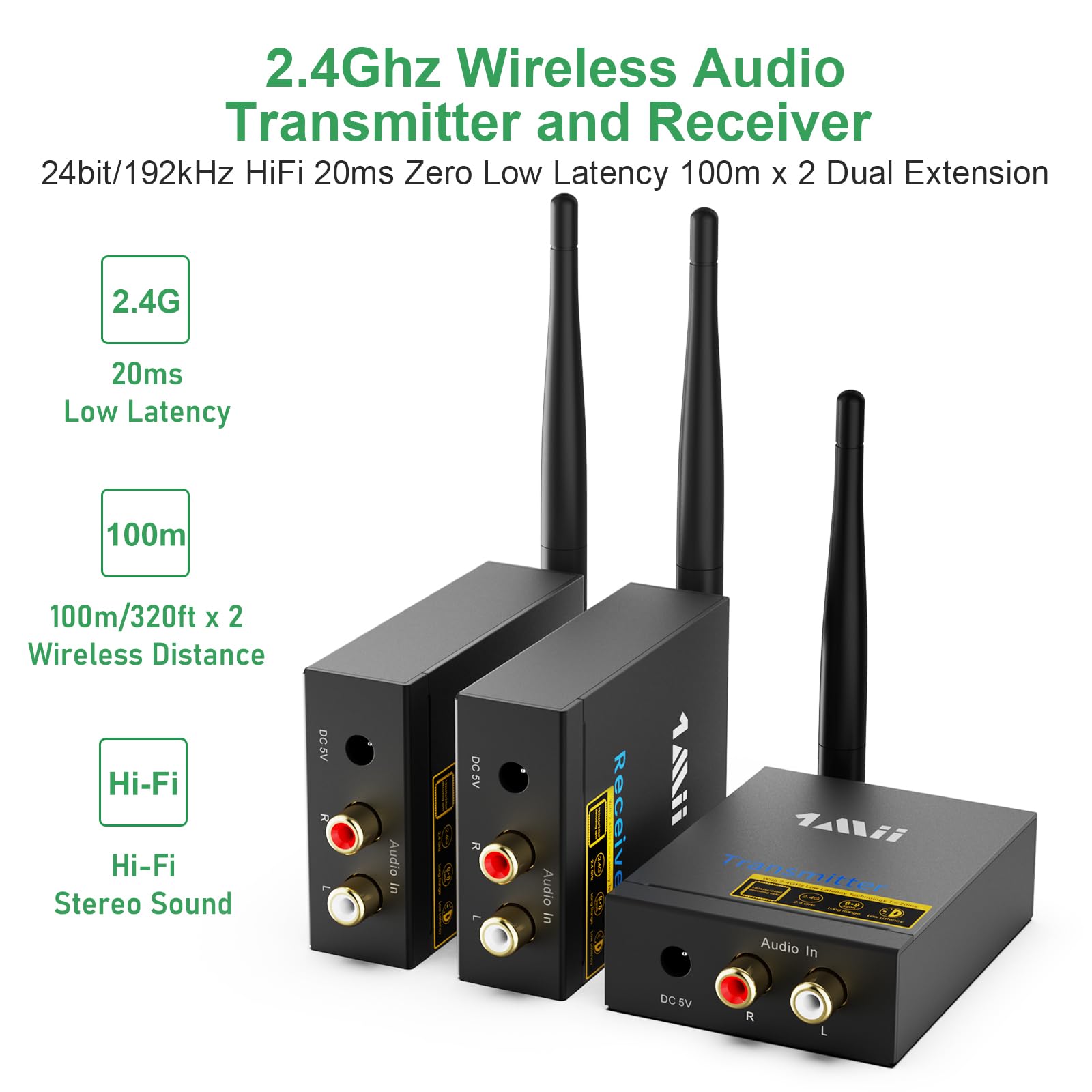 1Mii 3-in-1 2.4GHz Wireless Audio Transmitter & Receiver for TV - Ultra Low Latency 20ms, 320ft Range RCA Wireless Adapter for Subwoofer, PC, CD Player - Includes 2 Receivers for Dual Speaker Setup - Perfect for Home Theater, Gaming & Music Streaming