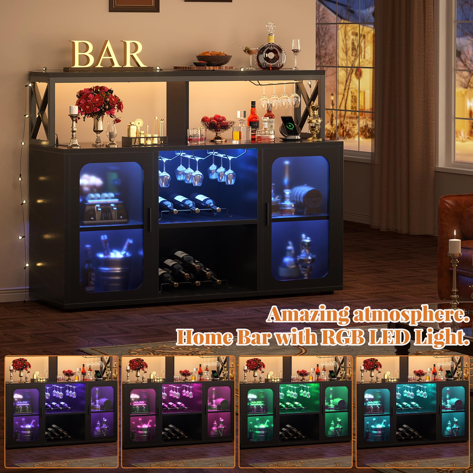 Aheaplus Modern Bar Cabinet with Power Outlets & LED Lights - Wine Storage Cabinet with Glass Holder, Adjustable Shelves & Built-in Racks - Black Buffet Cabinet for Home Bar, Dining Room or Kitchen
